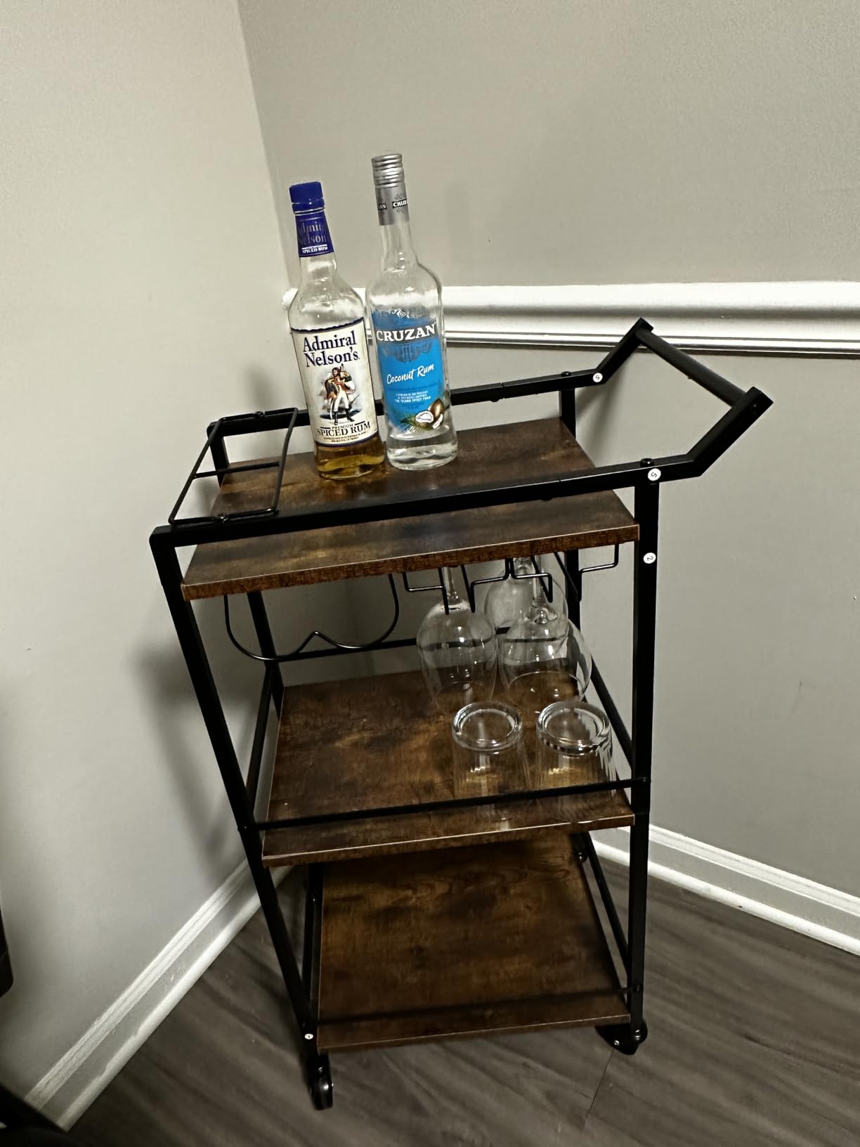 LOTEYIKE 3 Tier Bar Cart, Mini Liquor Utility Cart for Wine Beverage Dinner Party, Rolling Wine Coffee Drink Serving Cart with Lockable Wheels for Home Kitchen Bars (Rustic Brown) customer photo 2