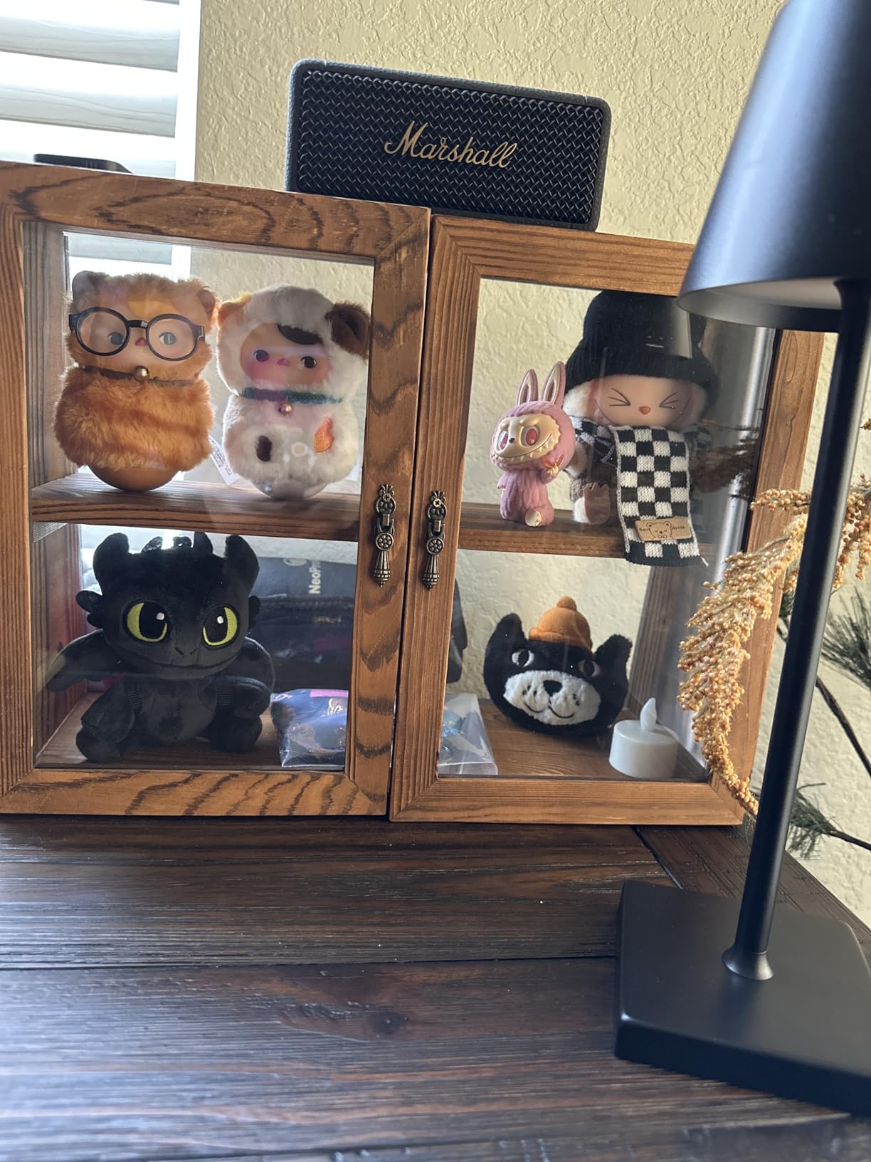 MOOCA Wood and Glass Display Case with Double Doors, Adjustable 2-Level Collection Display Case for Mini Funko Pop Figures, Bakery Pastry Container, Jewelry Organizer Storage, Brown Color customer photo 1