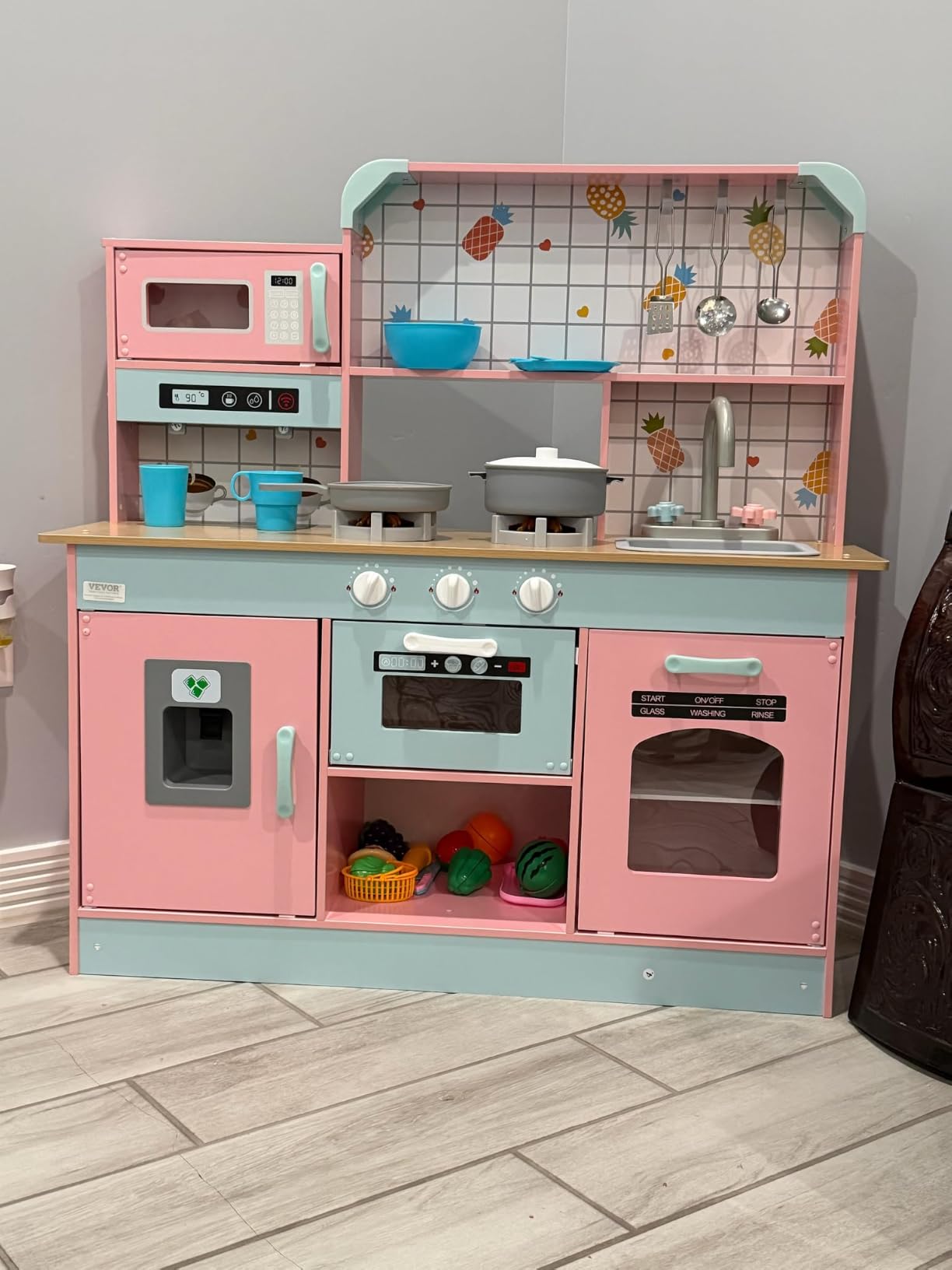 VEVOR Wooden Play Kitchen Toy, Play Kitchen for Kids with Lights and Sounds, Toddler Kitchen with Ice Maker, Oven, Sink, Microwaves, Fridge and Utensil and Fruit Accessory for Toddlers, Pink customer photo 1
