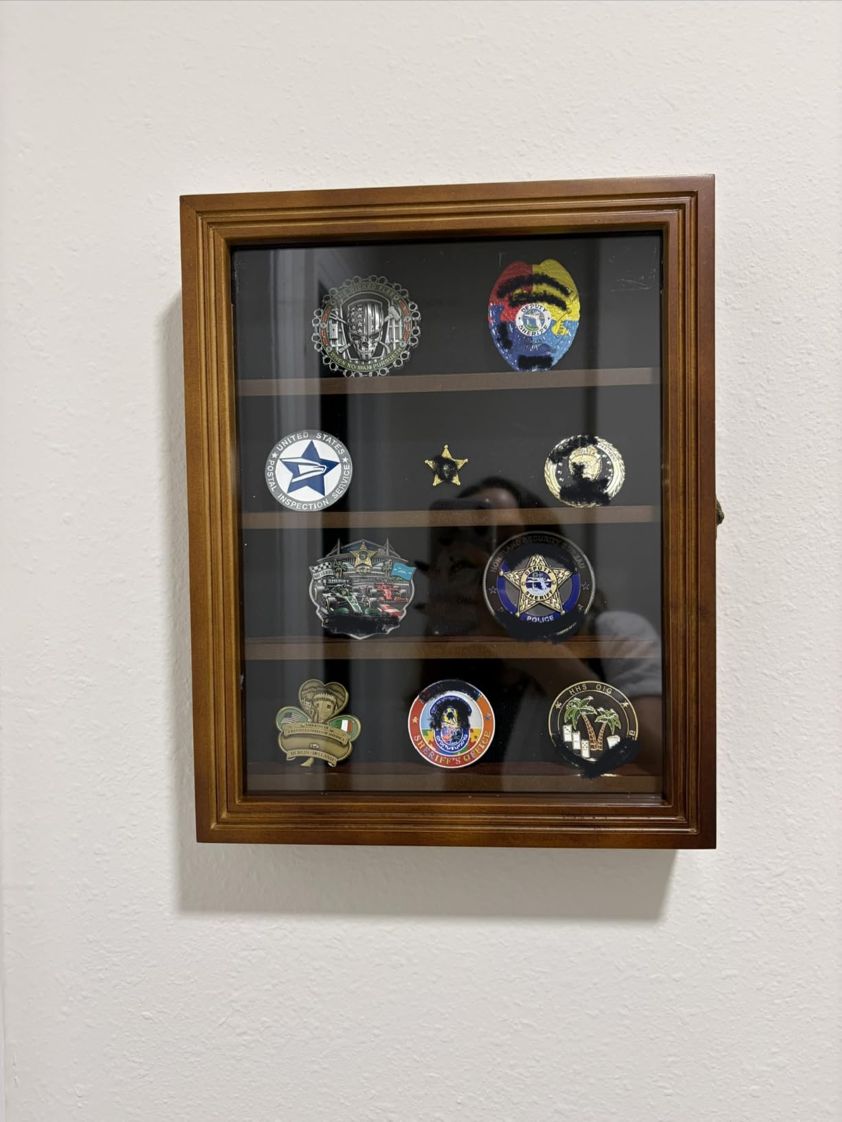 Treevers Large Challenge Coin Display Case - Pride of Service Engraved Edition - 17-Slot Military Shadow Box for Army, Navy & Police - Solid Wood Cabinet with Lockable Crystal-Clear Door & Wall Mount customer photo 1