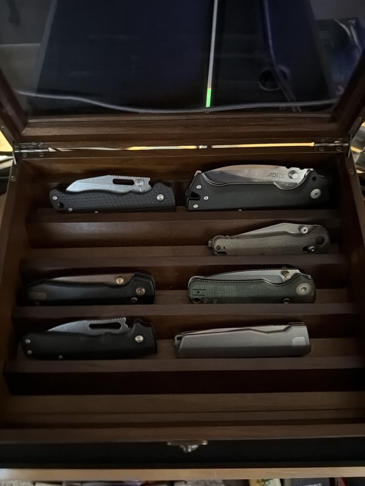 Knife Display Case, Knife Collection Display Holder with Glass Lid, 3-Layer Wooden Pocket Knife Case with Drawers (Walnut) customer photo 2