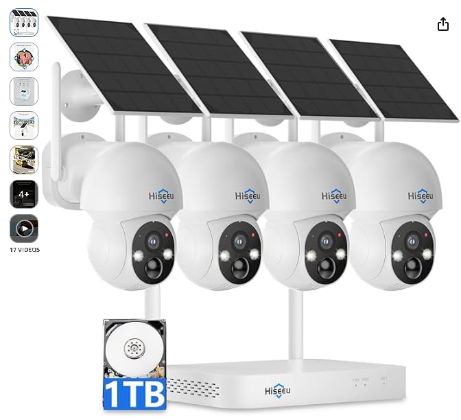 Hiseeu Solar Camera Wireless Outdoor, Home Security Camera System, 2.4G & 5G WiFi, Solar-Powered 4MP 4 Cam-Kit, Color Night Vision, 360° View, Pan & Tilt, 1TB HDD Local Recording, No Subscription customer photo 2