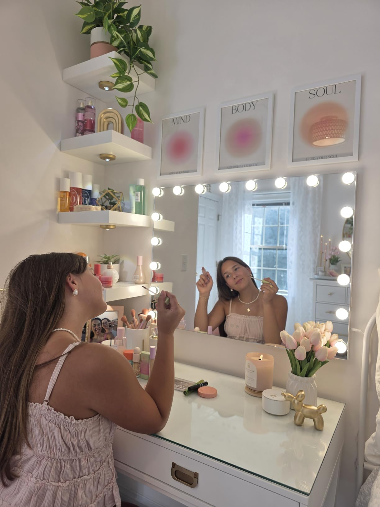 Ratsamee Hollywood Vanity Mirror with Lights, 24 Dimmable Bulbs, 3 Color Lights,Make Up Lighted Mirror, Aluminum Metal Frame, USB Charging Port（48