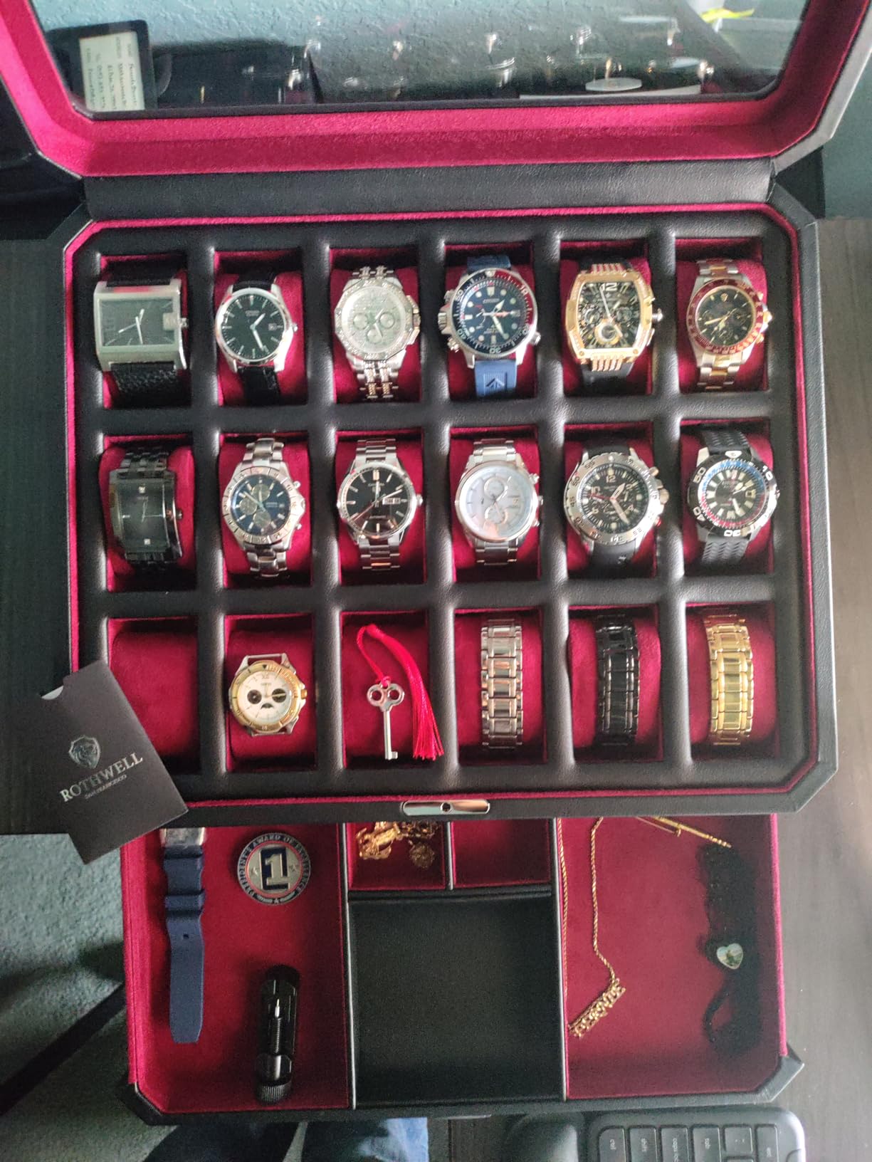 ROTHWELL 18-Slot Watch Case with Drawer - Luxury Watch Box for Men, Real Glass Top, Lockable, Display Case for Collections (Black/Grey) customer photo 2