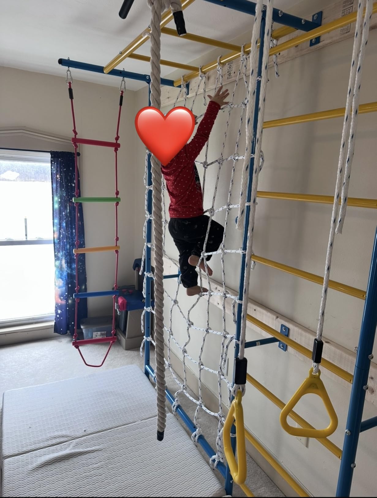 VEVOR Indoor Jungle Gym for Toddlers, 7-in-1 Climbing Playset with Carbon Steel Swedish Ladder, Wall Ladder, Pull-Up Bar, Rope Ladder, and Gymnastic Rings, Supports 220 lbs, Multicolor customer photo 1