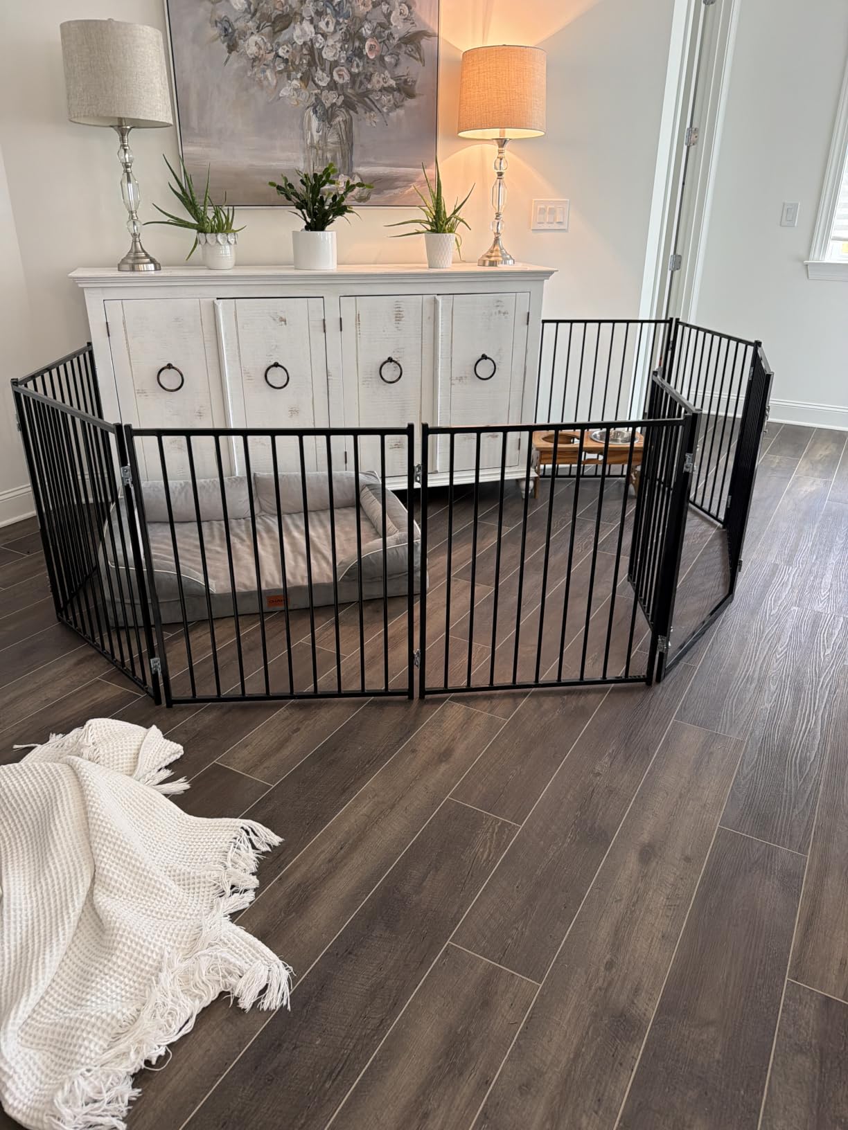 No Pawblems Freestanding Dog Gate with Door for Indoor & Outdoor, 30'' Tall | Foldable Metal Pet Gate for Stairs/Doorways, 104'''' Extra Wide Dog Fence for Deck, Freestanding or Wall Mount, 4 Panels, Black customer photo 1