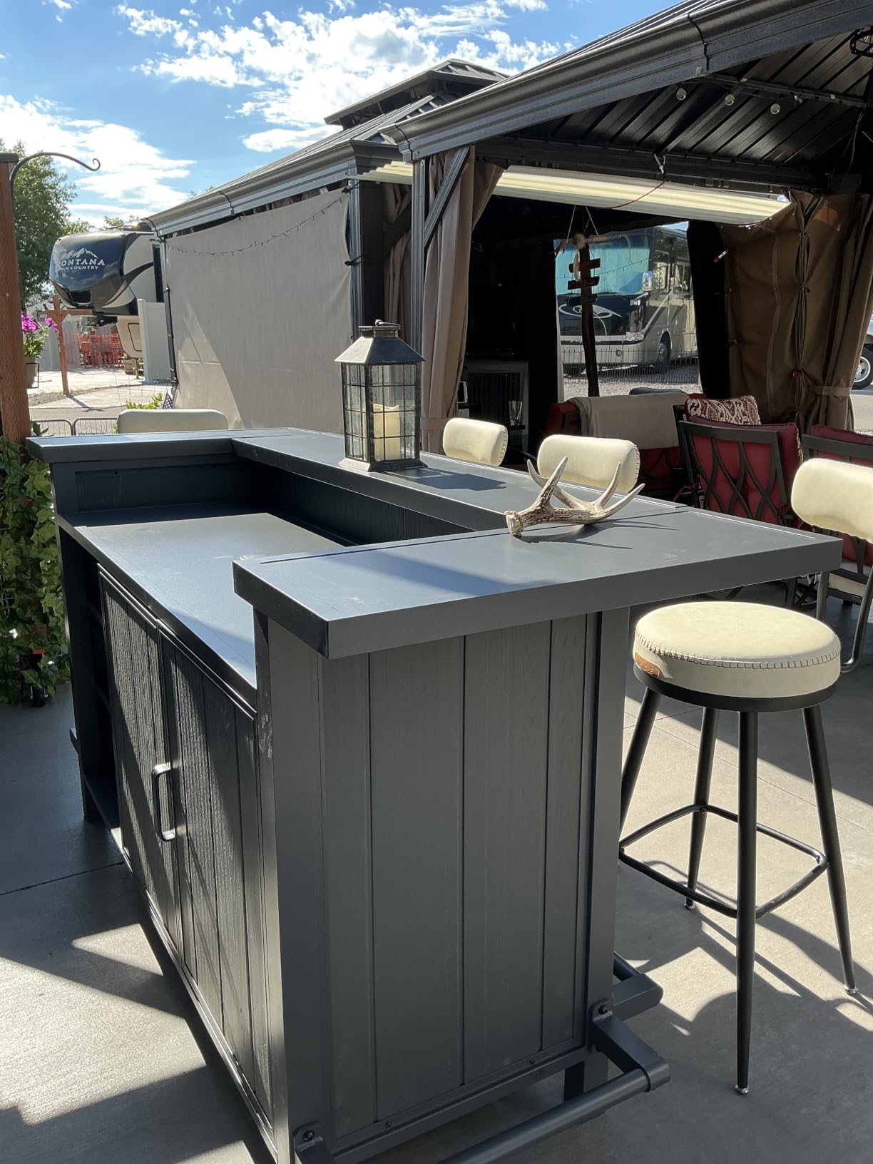 Domi Patio Bar Table, Outdoor Aluminum PE Wicker Bar Cart with Cabinet, All Weather Use Storage Patio Cabinet for Patio Kitchen or Bar Cart, Wood Grain customer photo 1