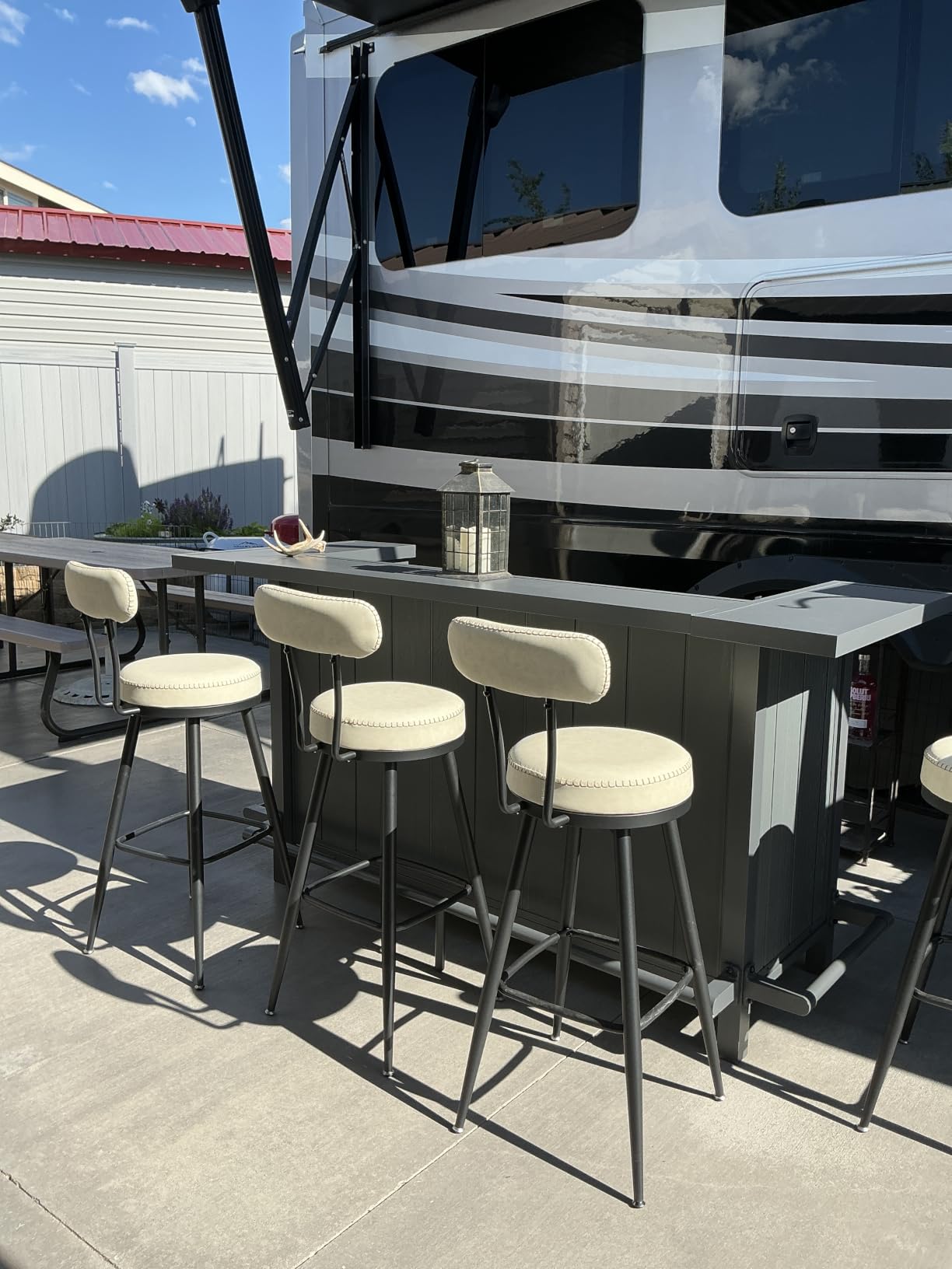 Domi Patio Bar Table, Outdoor Aluminum PE Wicker Bar Cart with Cabinet, All Weather Use Storage Patio Cabinet for Patio Kitchen or Bar Cart, Wood Grain customer photo 2