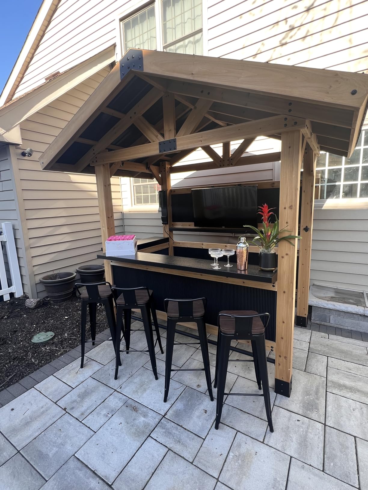 Backyard Discovery Palisade 9' x 6' Cedar Wood Outdoor Bar Set with Galvanized Steel Roof, Bar Top, Shelving, Snow Load Support, Wind Resistance, PowerPort for Patio, Deck, Entertaining customer photo 1