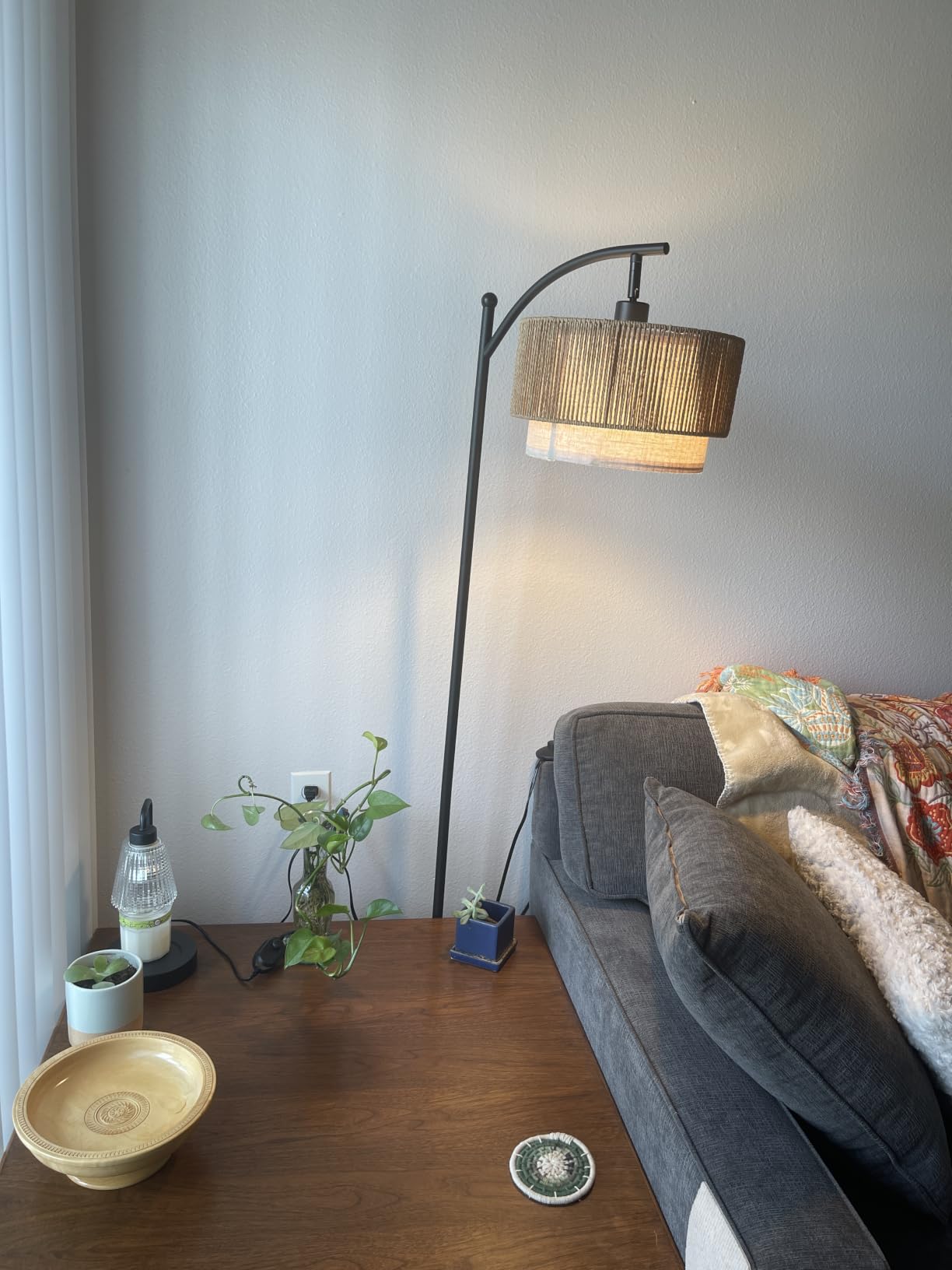 SUNMORY Floor Lamps for Living Room with 12W LED Bulb, Arc Floor Lamp with 3 Color Temperatures, Farmhouse Floor Lamps with Adjustable Rattan & Fabric Shades, Boho Standing Lamp for Bedroom, Corner customer photo 2