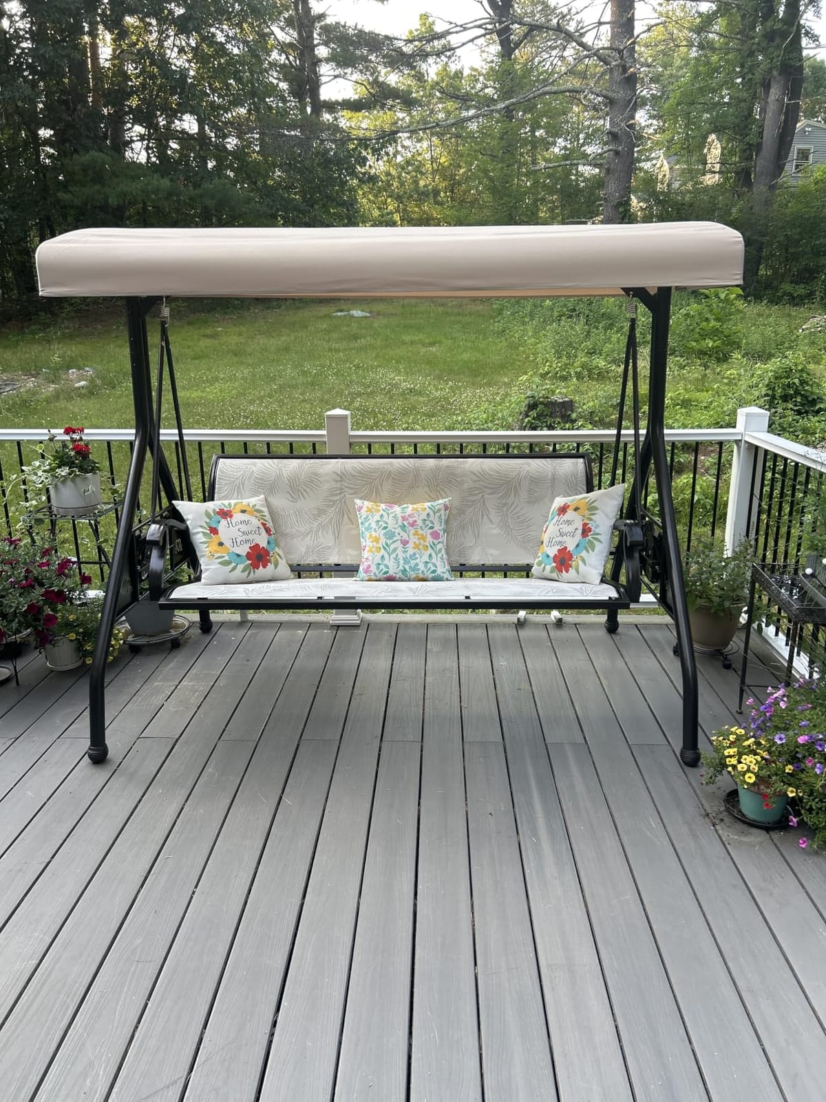 ZZW 3 Person Patio Swing Outdoor Swing for Adults with Adjustable Canopy & Upgraded Cup Holders Textilene Fabric Porch Swing Chair with Stand Heavy Duty 800 LBS customer photo 1