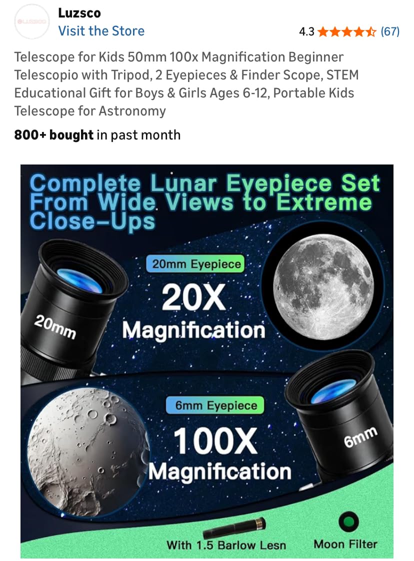Telescope for Kids 50mm 100x Magnification Beginner Telescopio with Tripod, 2 Eyepieces & Finder Scope, STEM Educational Gift for Boys & Girls Ages 6-12, Portable Kids Telescope for Astronomy customer photo 1