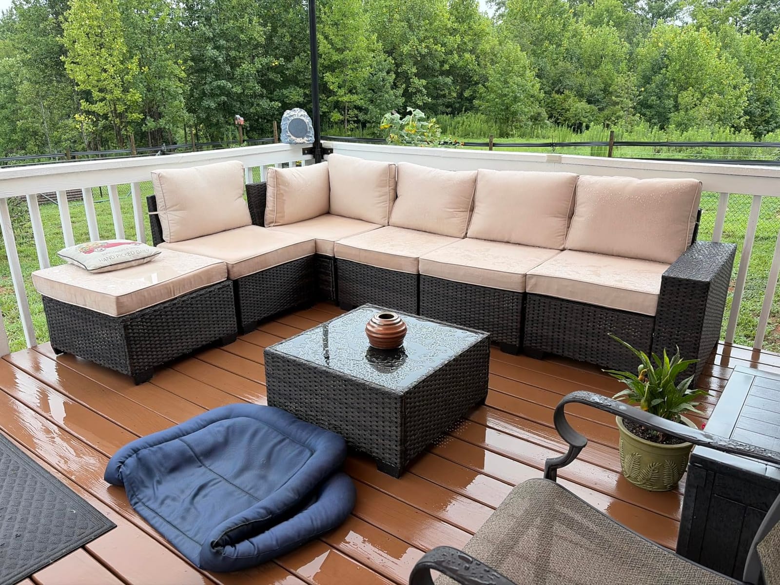 Patio Furniture Set, 6 Pieces Outdoor Couch Sofa with Wider Armrests & Glass Coffee Table, Outdoor Sectional Furniture with Thick Cushions for Party, Poolside, Garden-Beige customer photo 1