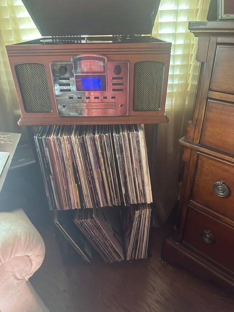 LOAKEKEL Record Player Stand, Vinyl Record Storage Up to 200 Albums, 3 Tier End Table with Removable Dividers, Tall Side Table for Living Room, Bedroom, Rustic Brown, HETCD010BR-1 customer photo 1