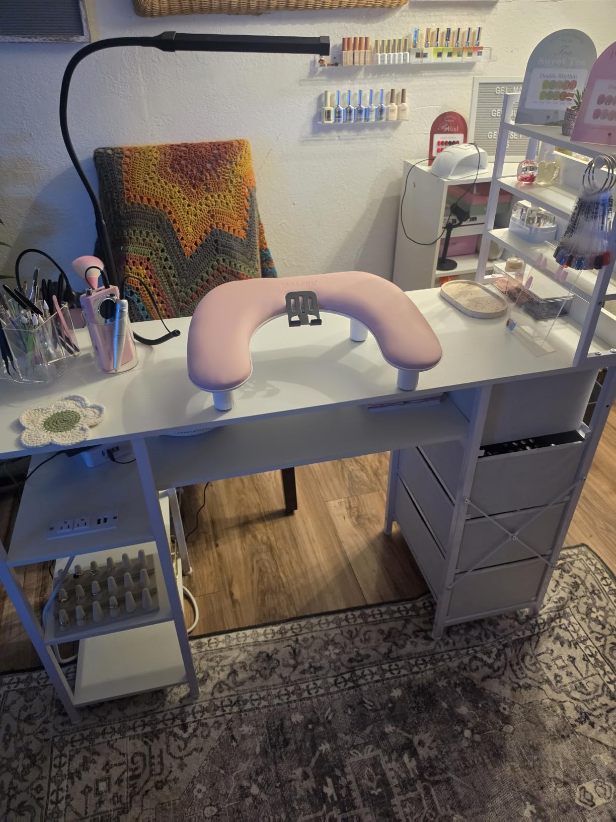 Manicure Table Nail Desk for Nail tech with Drawers & Power Outlet | White Nail Beauty Table with Storage and Open Shelves for Home, Workshop, Makeup Beauty Salon Workstation customer photo 1