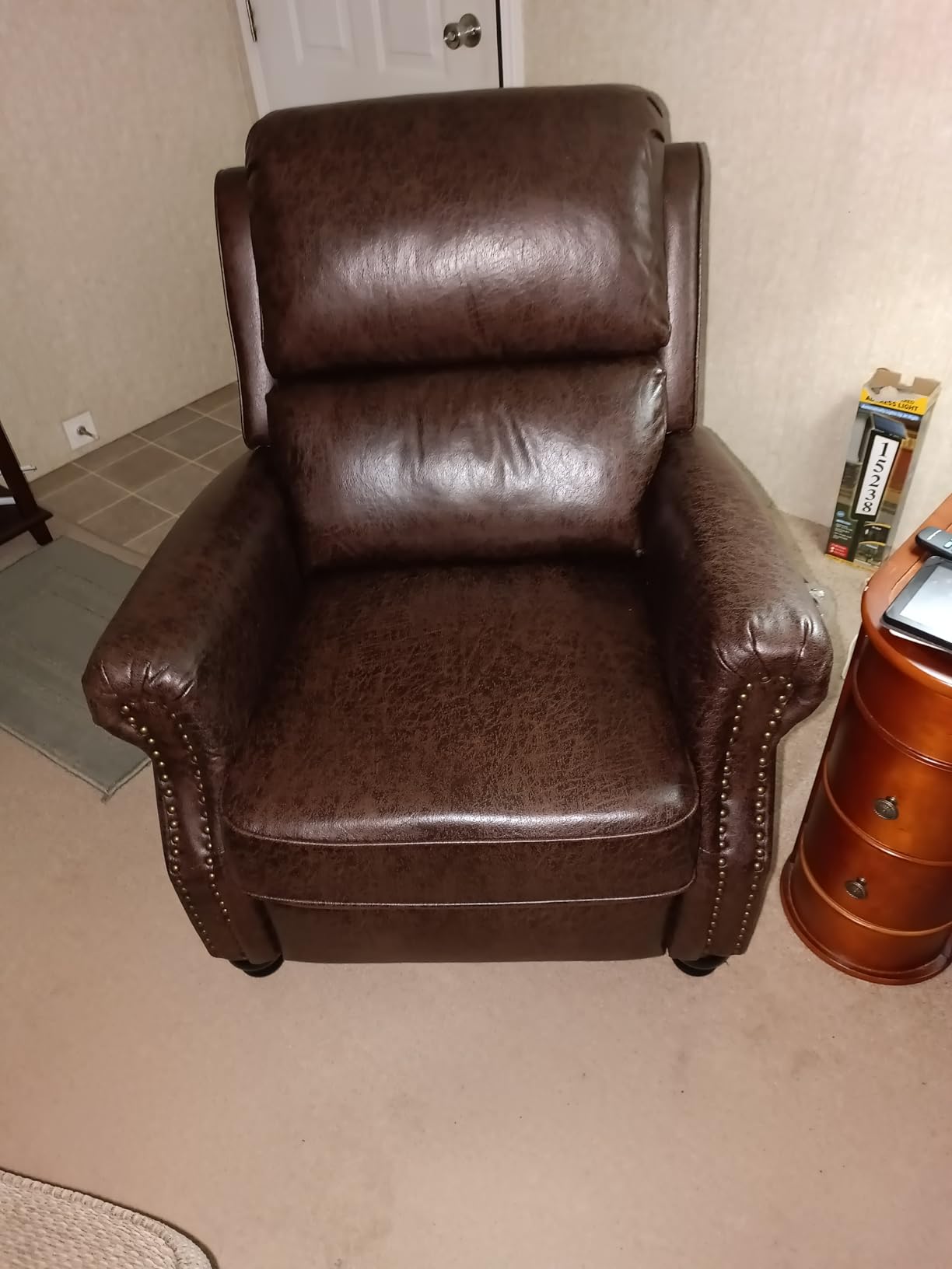 IOMOR Push Back Recliner Chair Faux Leather Lounge Armchair with Rivet Decoration Wingback Single Sofa Chair with Padded Seat Solid Wood Legs for Living Room, Chocolate customer photo 1