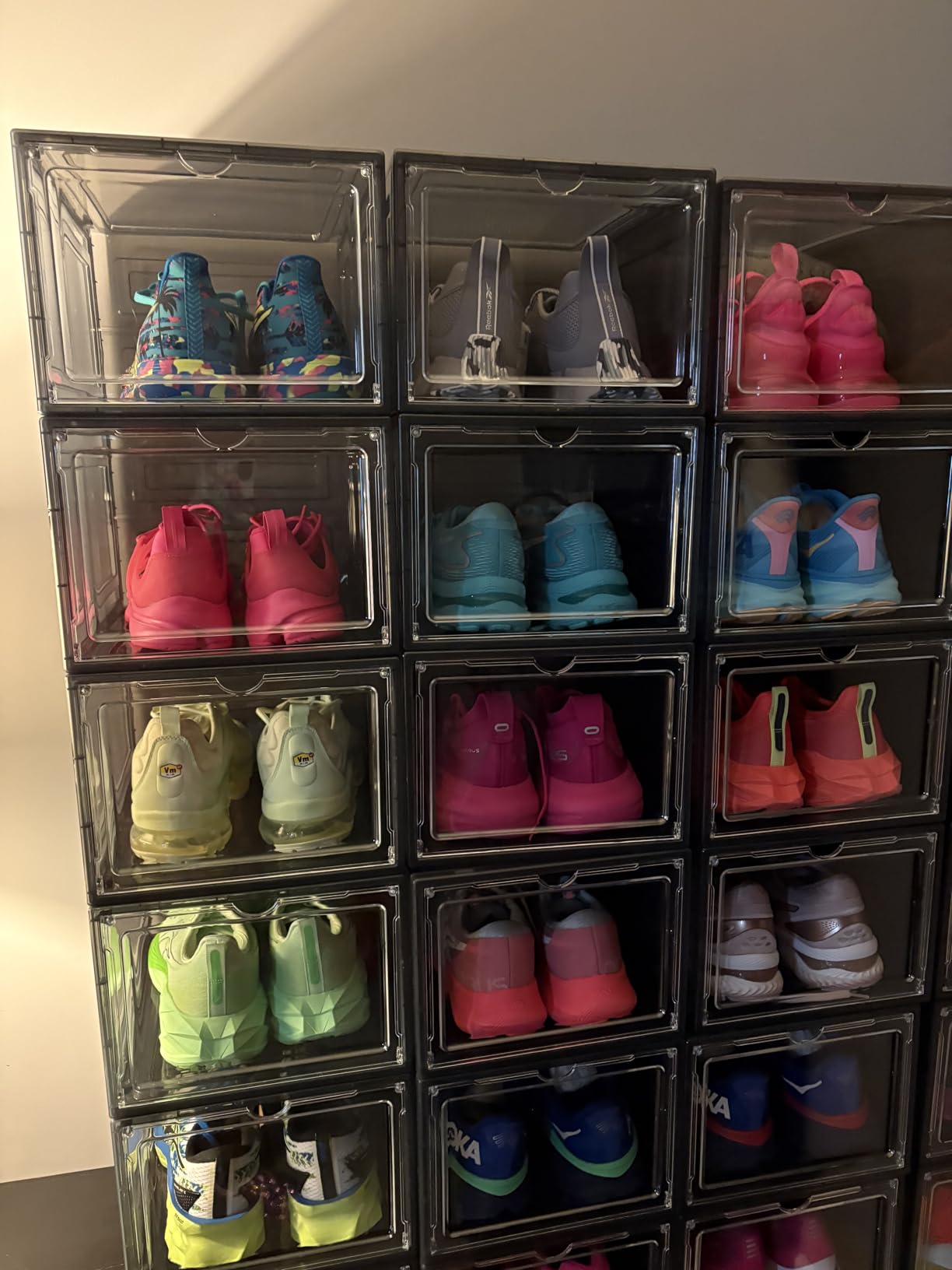 Pinkpum Upgraded Hard Shoe Storage Box 12 Pack X-Large Fit Size 12, Thicken & Sturdy Clear Plastic Stackable Shoe Organizer Box Closet, Sneaker Storage Display Case Holder Bins with Magnetic Door customer photo 1