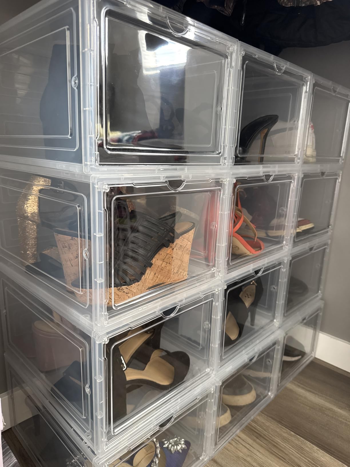Pinkpum Upgraded Hard Shoe Storage Box 12 Pack X-Large Fit Size 12, Thicken & Sturdy Clear Plastic Stackable Shoe Organizer Box Closet, Sneaker Storage Display Case Holder Bins with Magnetic Door customer photo 2