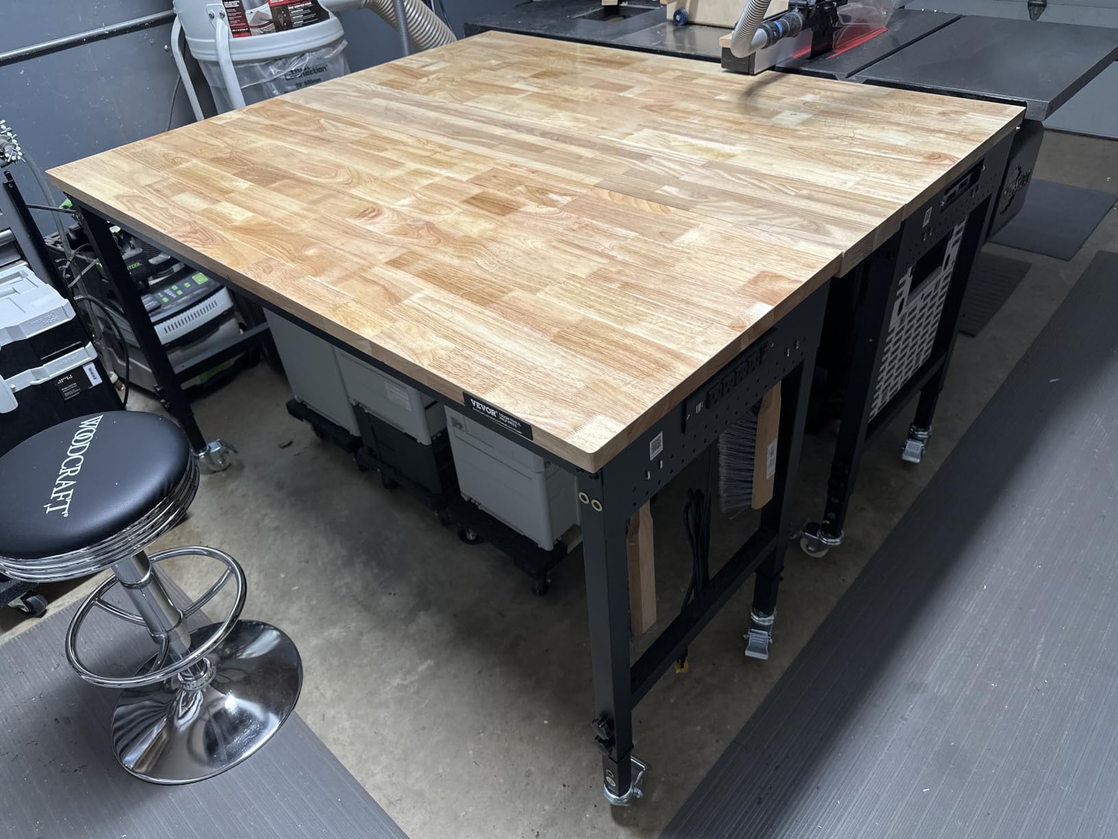 VEVOR Adjustable Workbench, 48-Inch Work Bench with Power Outlet, Wheels, and Pegboard, 2000 lbs Load Heavy Duty Oak Wood Top Work Table for Garage, Workshop, Office, and Home customer photo 1