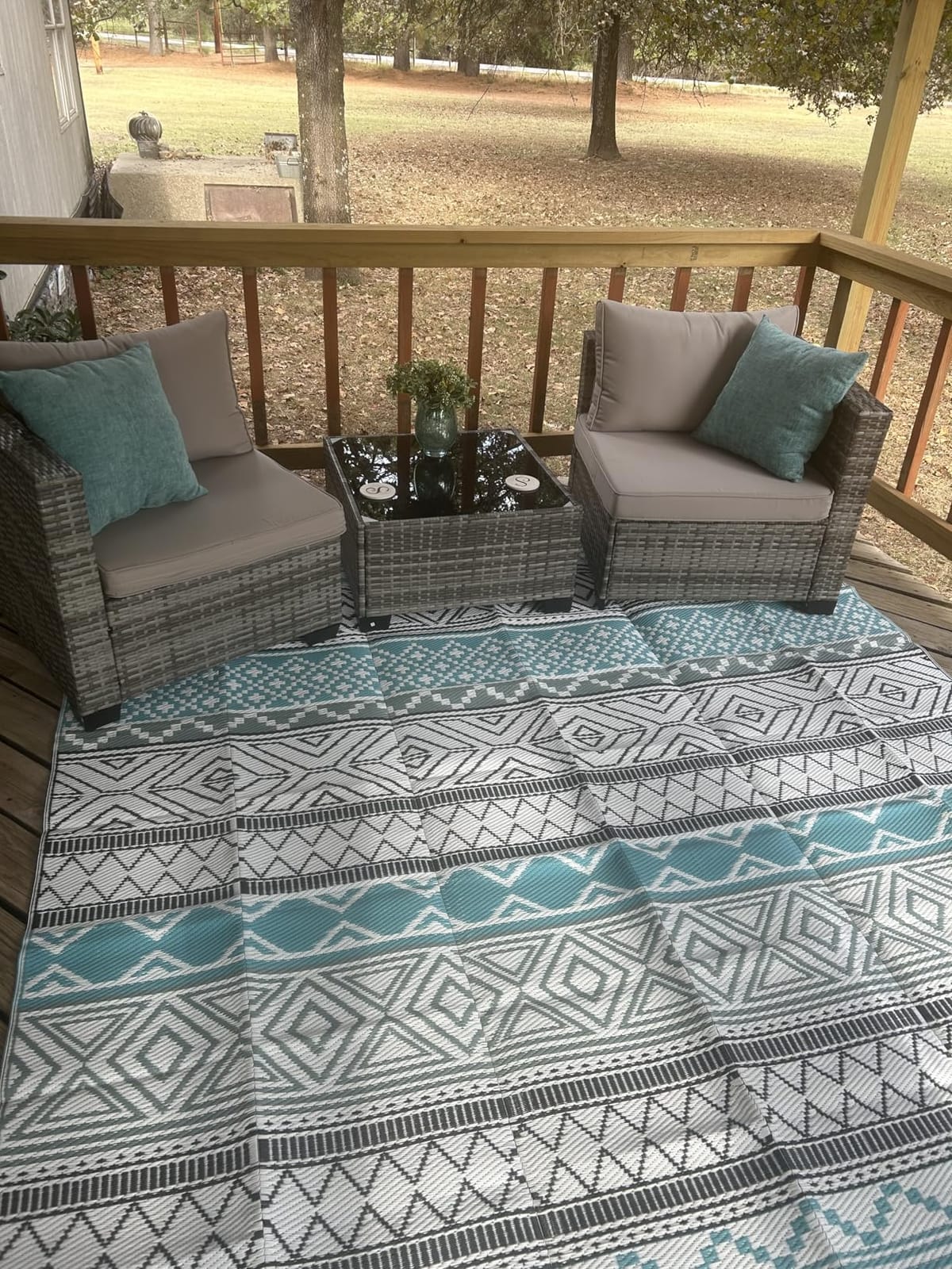 GAOMON Reversible Outdoor Rug 9'x18' Waterproof Plastic Straw Rug, Patio Rug, Large Modern Area Rug Carpet, Indoor Outdoor Rugs for Camping, Porch, Deck, Balcony, Backyard, Black/Grey(Geometric) customer photo 2