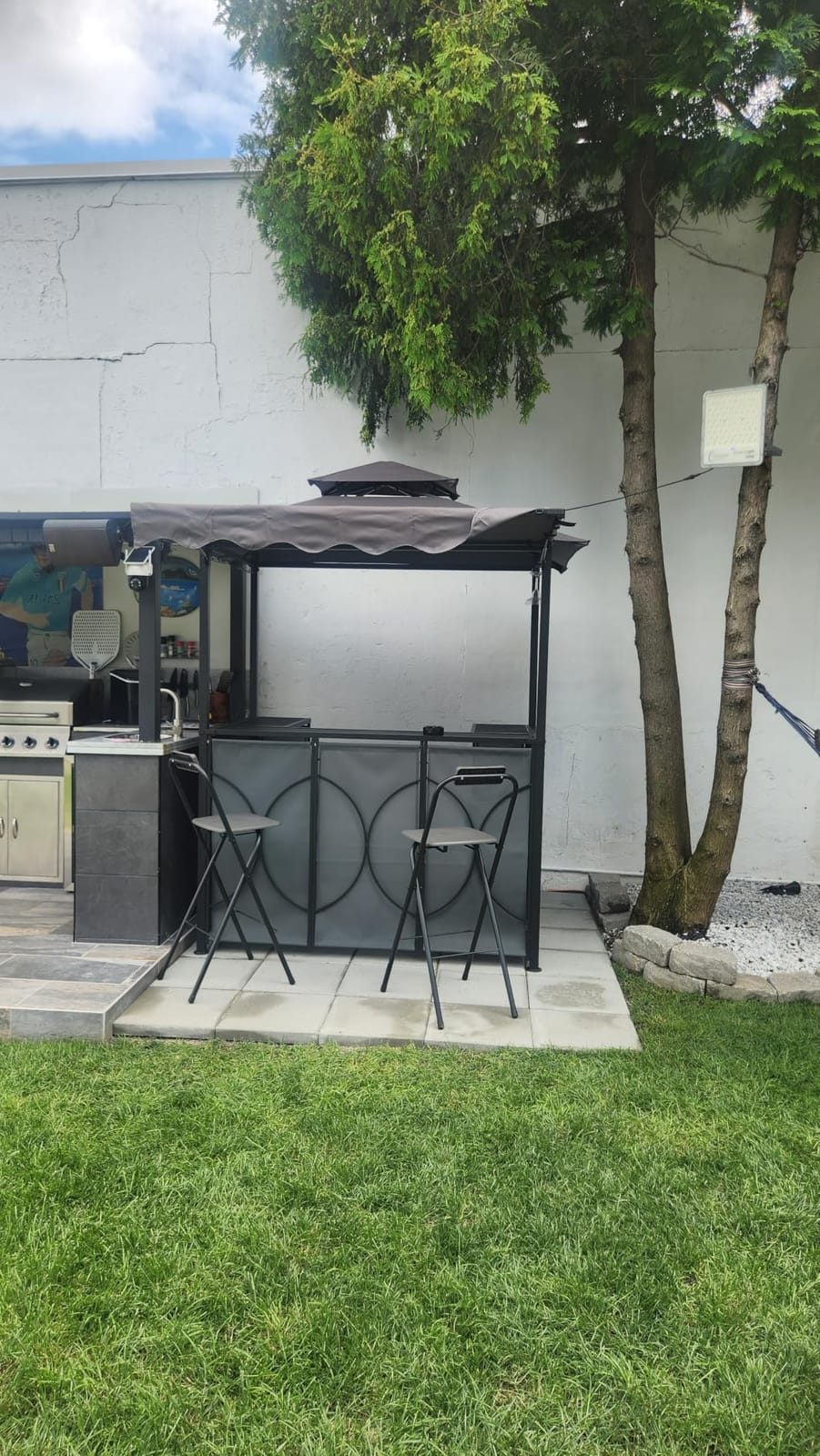 Tangkula 3 Piece Patio Bar Set with 2 Foldable Bar Stools (Gray) | Grill Gazebo with Awning, Metal Storage Shelves, Glass Holders, Hanging Hook, Double-Tier, for Patio Poolside Garden Backyard customer photo 2