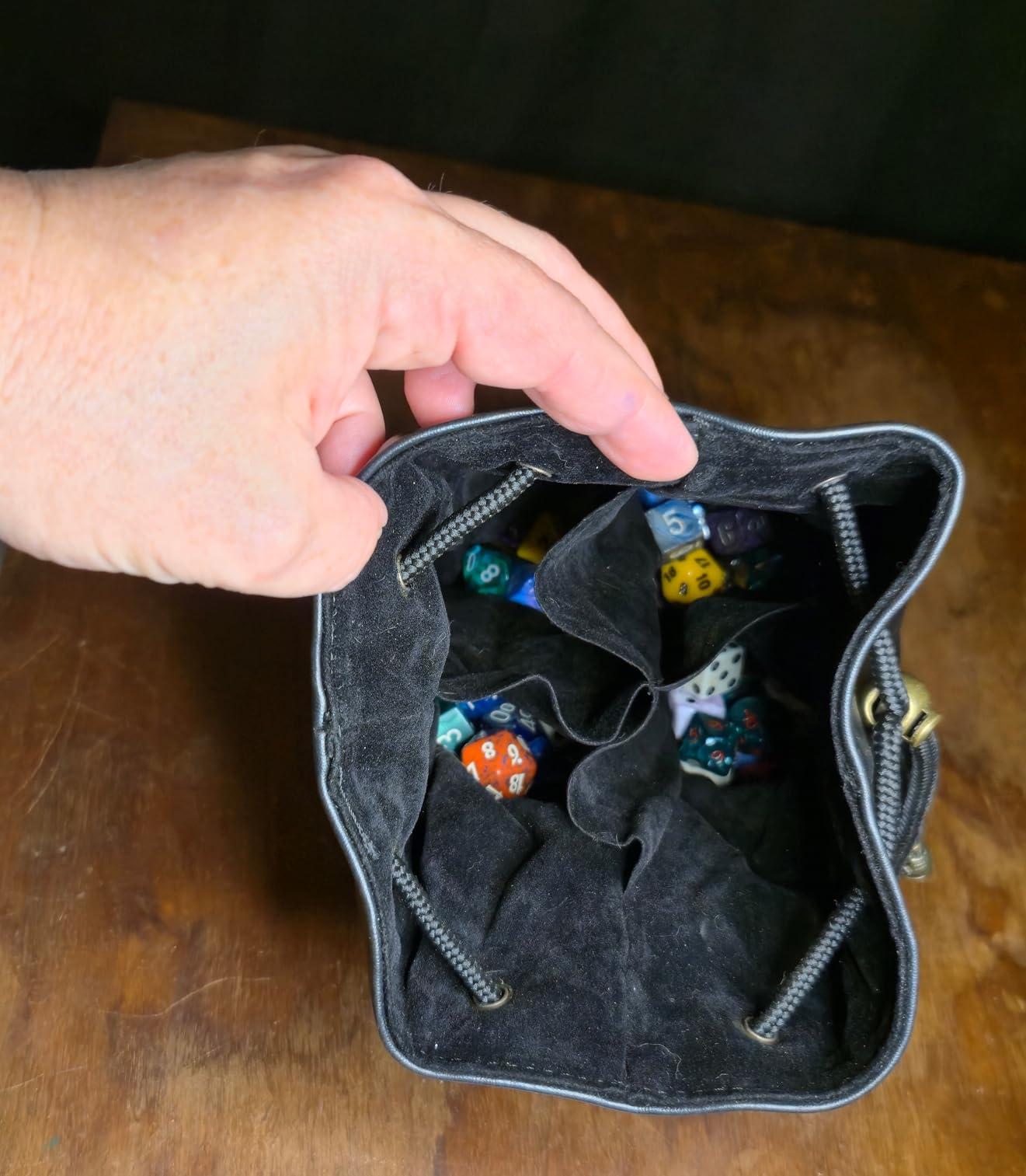 Dice Bag for DnD - Large Velvet-Lined PU Leather Dice Pouch w/ 4 Pockets, Embossed Design & Antique Gold Accents - Durable Dice Organizer for Tabletop RPGs & Game Accessories (Brown) customer photo 1