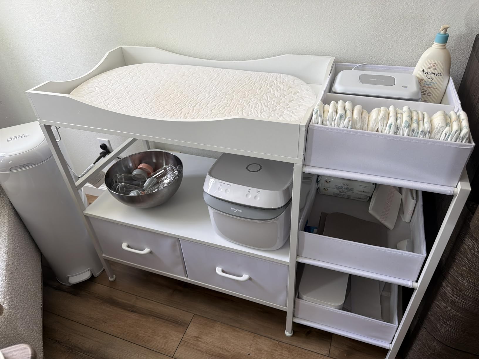 Baby Changing Table with Storage, Heavy-Duty Diaper Changing Station, White Nursery Dresser Organizer with 2 Large Fabric Baby Drawers, 3 Diaper Caddy Bin & Wood Shelf, Kids & Baby Bedroom Furniture customer photo 1