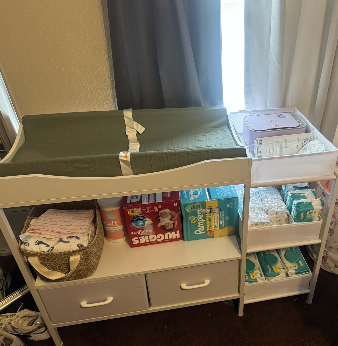 Baby Changing Table with Storage, Heavy-Duty Diaper Changing Station, White Nursery Dresser Organizer with 2 Large Fabric Baby Drawers, 3 Diaper Caddy Bin & Wood Shelf, Kids & Baby Bedroom Furniture customer photo 2