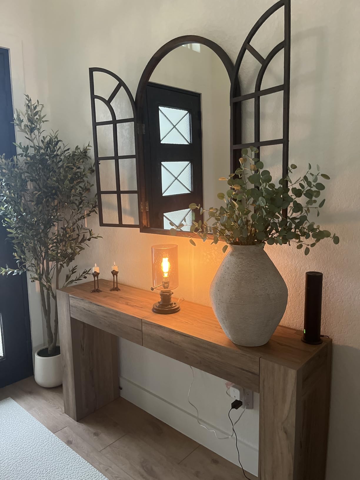 Arched Wall Mirror with Wood Window Frame, 38x26 Vintage Rustic Arch Farmhouse Mirror for Wall, Living Room, Bedroom, Entryway(Brown) customer photo 1