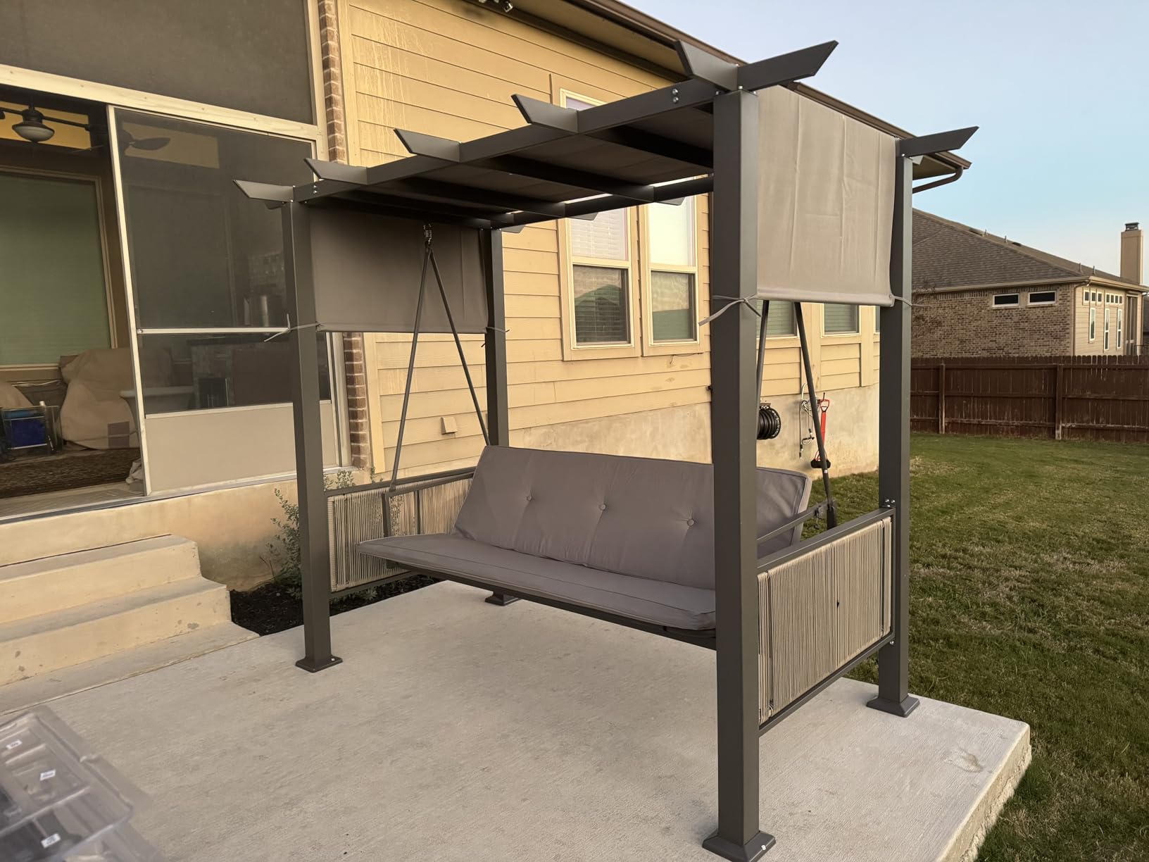 Pamapic 3-Seat Porch Swing with Stand, 990 LBS 2 in 1 Convertible Bed Patio Swings with Canopy Adjustable, Wicker Side Panel Swing Chair Outdoor with Cushion for Backyard, Porch, Garden (Gray) customer photo 1