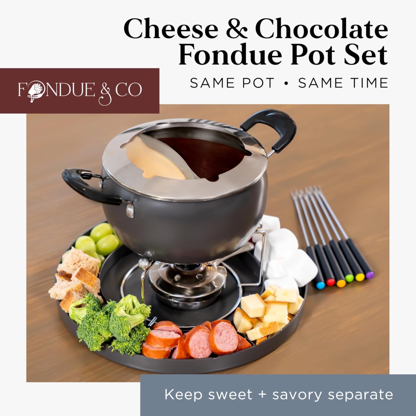 Fondue Pot Set - Premium 2.6 Quart Dual Cheese & Chocolate Fondue Pot Set | Fondue Pot with Divider Tray, 6 Color-Coded Forks, Gift Ready Kit For family - Chocolate Dips Sauces - Dishwasher Safe customer photo 2