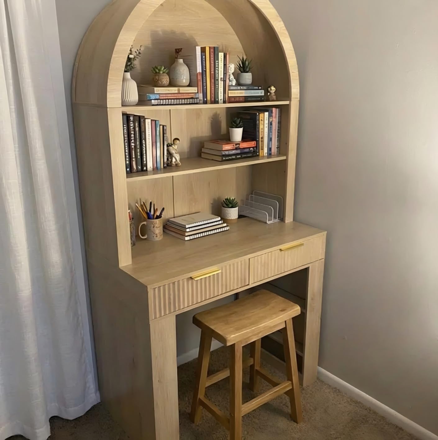 Arched Writing Desk with Hutch, Home Office Desk with 2 Fluted Drawers, Secretary Desk with Outlets, LED Lights, Bookshelves, Wood Computer Desk for Small Space, Bedroom 35.4