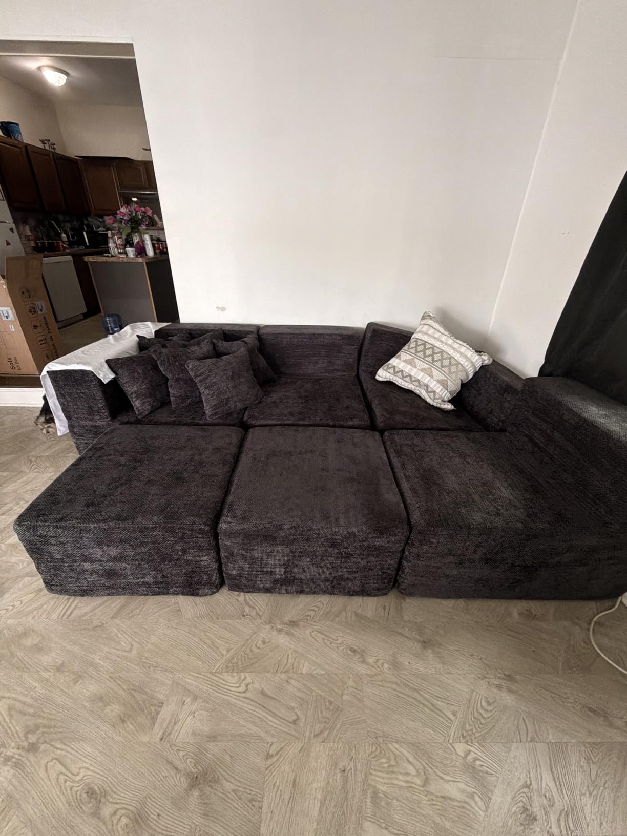 MONVANE U Shaped Boneless Sectional Couch Oversized, Chenille, Black | 6-Seat Sectional Couch for Living Room, Modular Cloud Sofa with Ottoman & 6 Throw Pillows, No Assembly Required customer photo 1