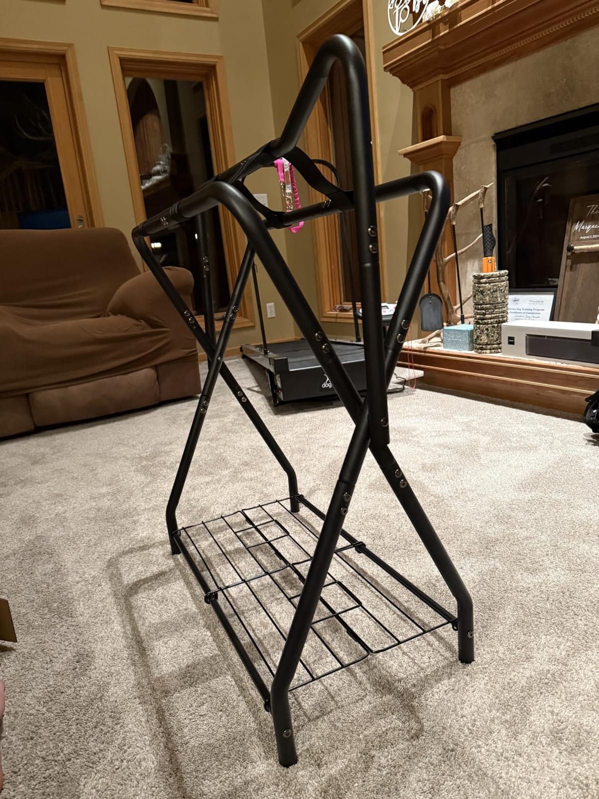 Queension Horse Saddle Rack for English Saddle, Foldable Saddle Stand with Bottom Storage for Horse Tack, Saddle Pad Rack for Horse Stable Equipment, Western Saddles, Black customer photo 1