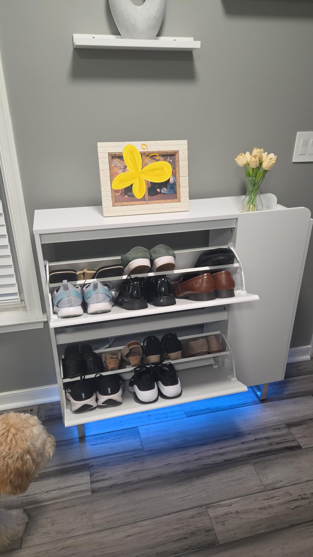 VINGLI Modern White Shoe Cabinet with LED Lights, High Gloss Entryway Shoe Storage Organizer with 2 Drawers & Adjustable Shelves, Freestanding Hidden Shoe Rack for 15+ Pairs, 30.7