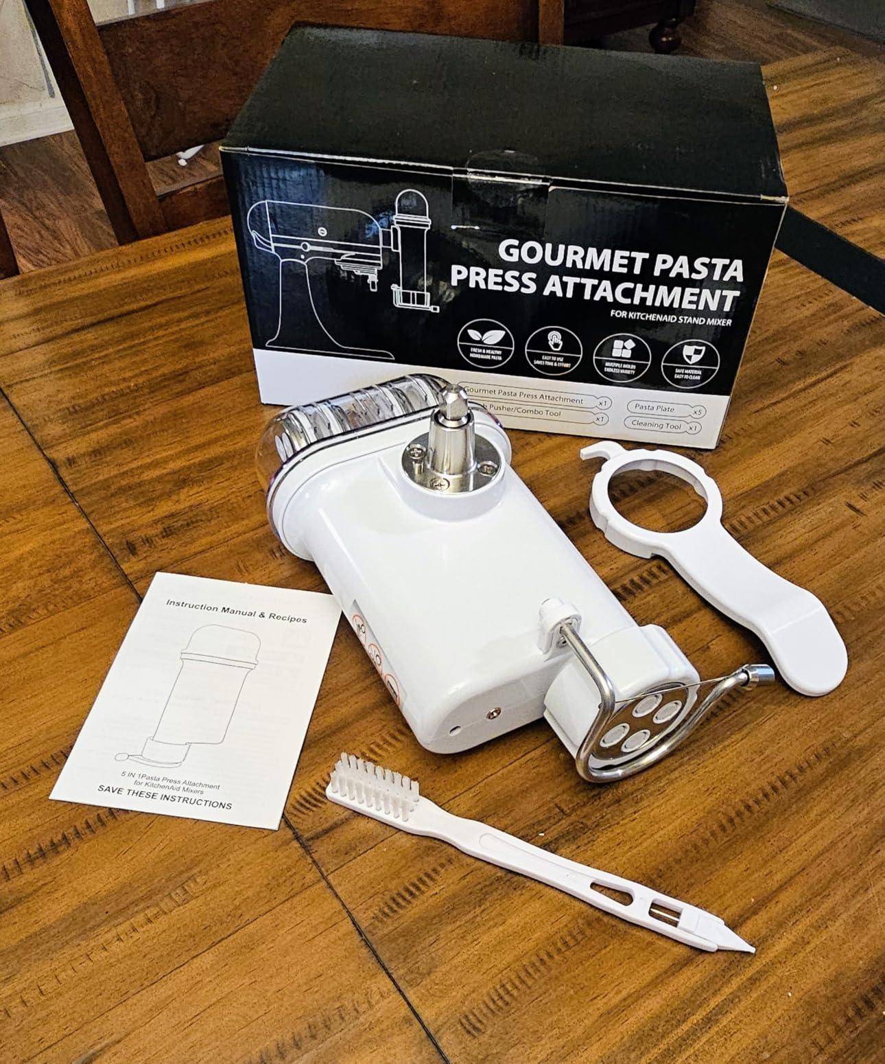 5-in-1 Pasta Press Attachment Compatible with KitchenAid Stand Mixers, Pasta Maker Accessory with 5 Interchangeable Plates for Spaghetti, Bucatini, Fusilli, Large & Small Macaroni customer photo 1