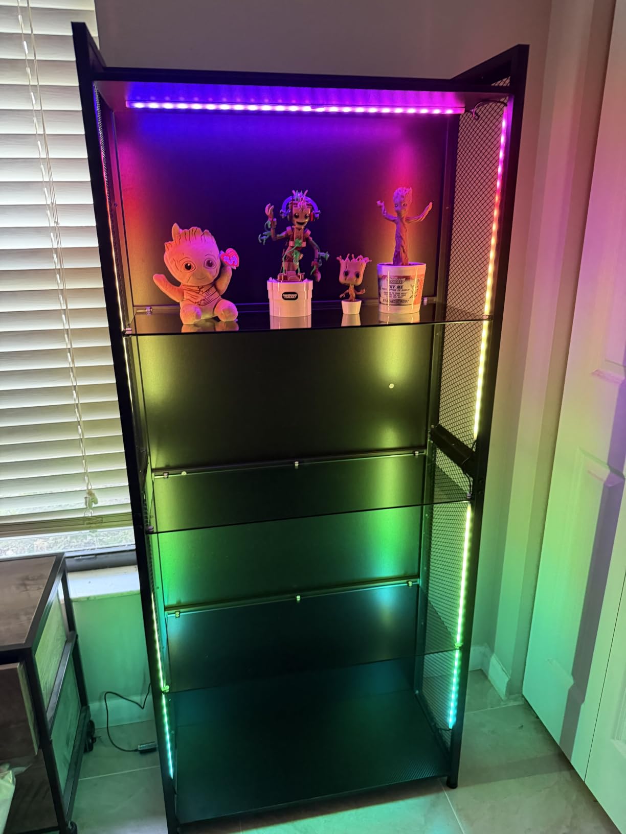 AODK Display Case with Glass Shelves, RGB Light 4-Tier Display Cabinet | Display Shelf with Open Shelf Design & Industrial Metal Mesh, Curio Cabinet for Collectibles, Black Bookcase customer photo 2
