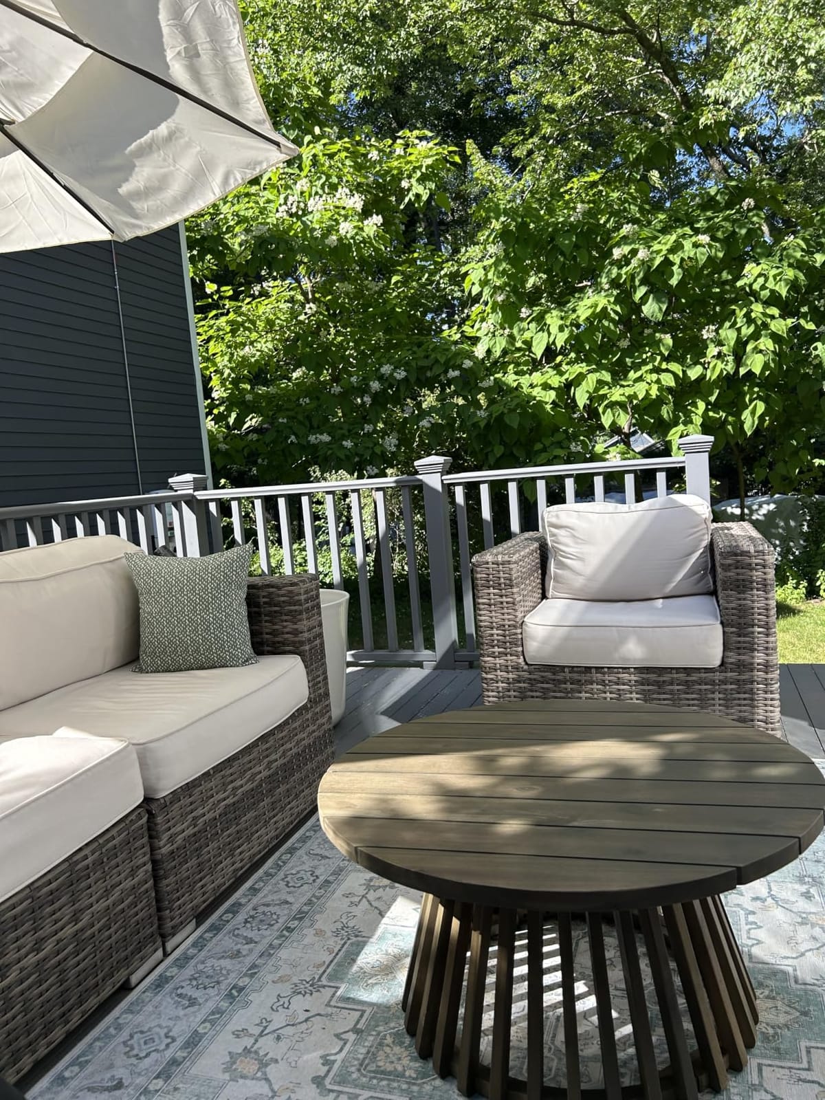 Merax Outdoor 4-Piece Acacia Wood Conversation Set - Patio 3-Seat Loveseat Sofa Daybed with Cushion, 2 Armchair and Round Coffee Table for Backyard, Lawn, Balcony, Teak+Dark Gray customer photo 1