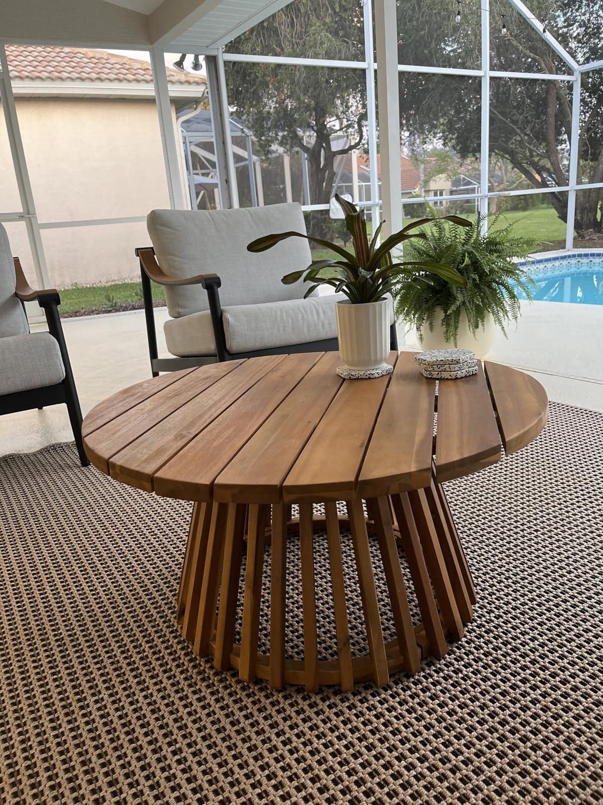 Merax Outdoor 4-Piece Acacia Wood Conversation Set - Patio 3-Seat Loveseat Sofa Daybed with Cushion, 2 Armchair and Round Coffee Table for Backyard, Lawn, Balcony, Teak+Dark Gray customer photo 2