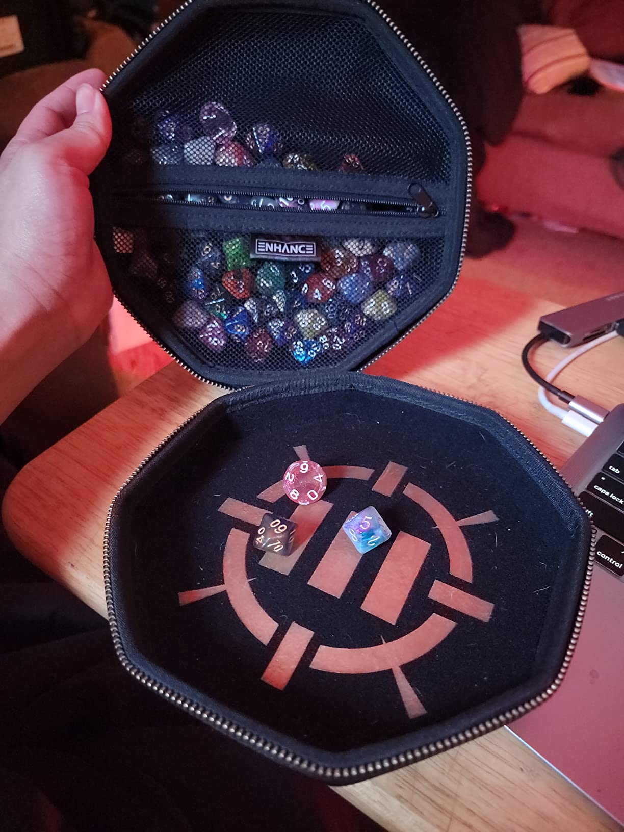 ENHANCE DnD Dice Tray and Case - DnD Dice Holder for up to 150 D&D Dice with Rugged Hard Shell Exterior and Protective Soft Interior - Rolling Tray Perfect for Game Night (Black) customer photo 2