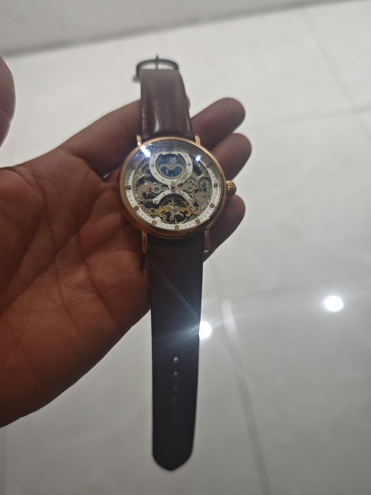 IK COLOURING Bestn Mens Luxury Skeleton Automatic Mechanical Wrist Watches Leather Moon Phrase Luminous Hands Self-Wind Watch customer photo 2