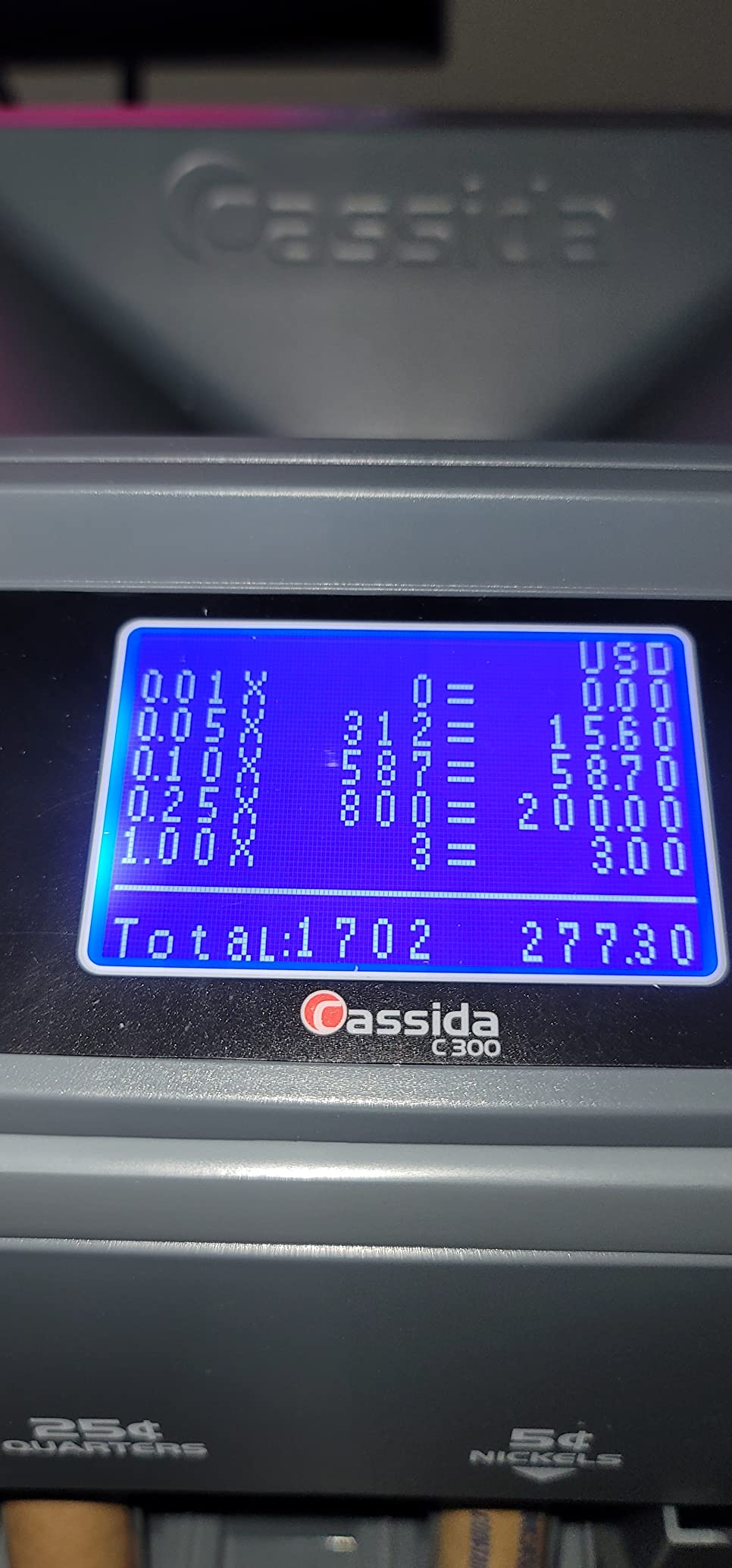 Cassida C300 Professional USD Coin Counter, Sorter and Wrapper/Roller, 300 Coins/min, with Quickload and Printing-Compatible, Gray customer photo 2