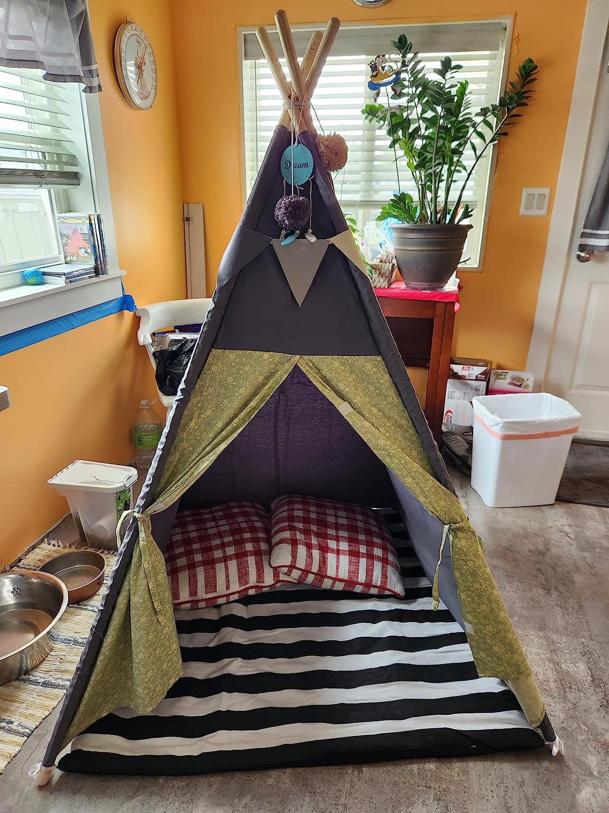 Teepee Tent for Kids Stripe Padded Mat Foldable Dark Tone Grey Play Tents for Girl and Boy with Carry Case Wooden Pole Printing Canvas Tepee Playhouse for Child Indoor Outdoor customer photo 2