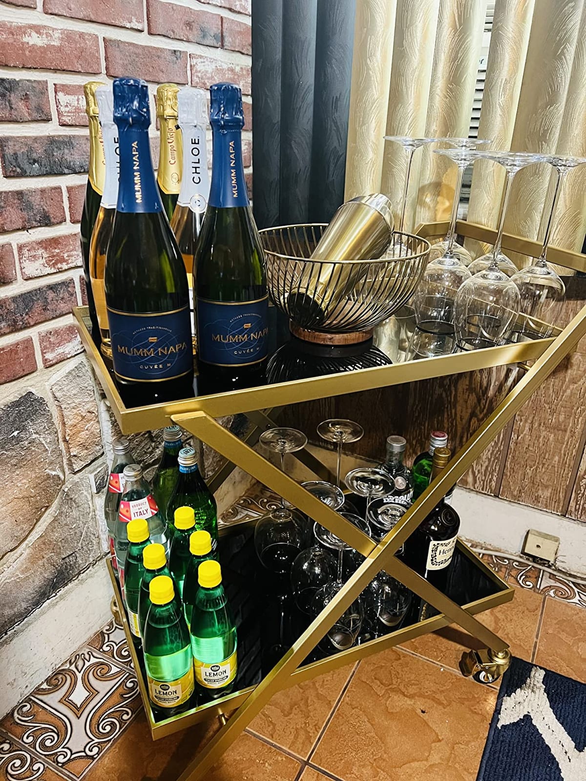 Crofy Gold Finish Bar Cart on Wheels, No-Tool Assembly 2-Tier Serving Cart with Black Tempered Glass Shelves & Locking Casters - Mobile Snack/Drink Cart for Home Bar, Kitchen, Parties customer photo 1
