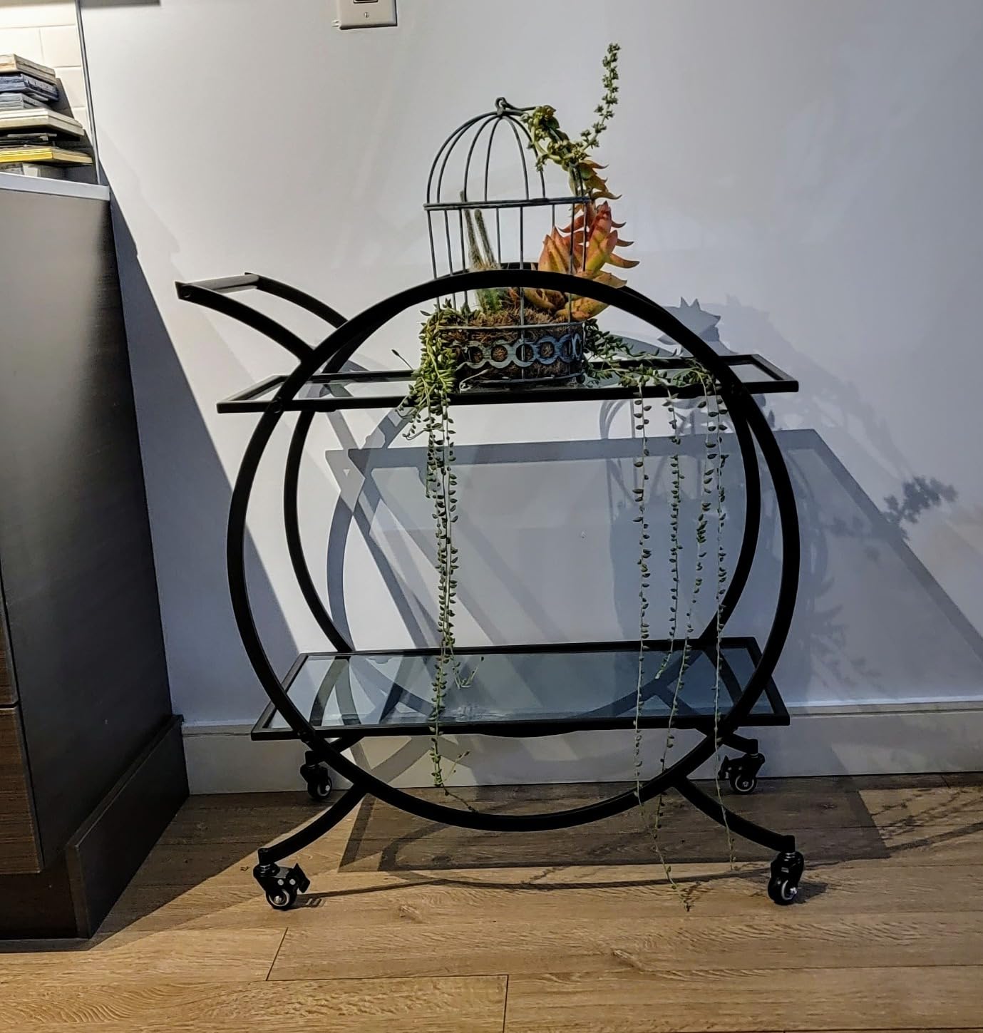 Black Metal Bar Carts with 3 Tier Glass Shelves, Rolling Serving Bar Cart with Wine Rack and Glass Holder, Industrial Bar Carts & Wine Carts on Wheels for Kitchen, Indoor & Outdoor customer photo 1
