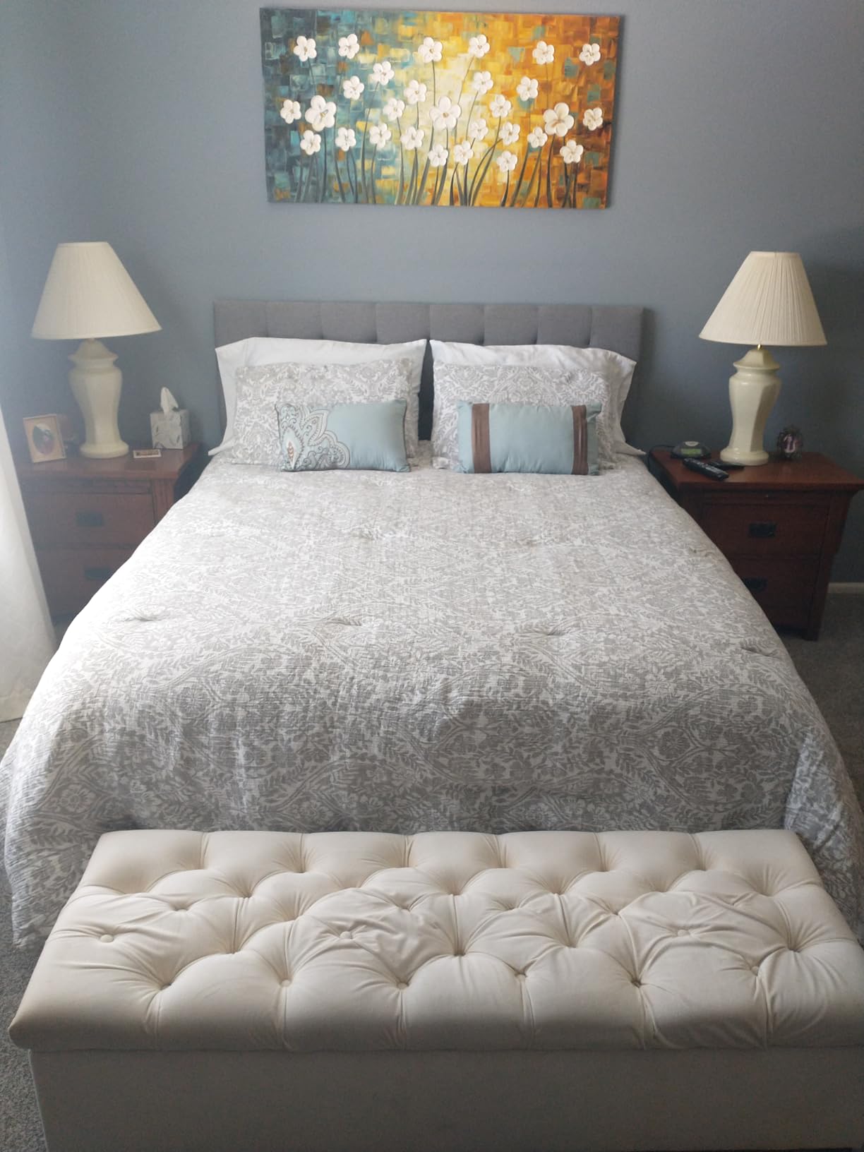 Lucid Mid-Rise Upholstered Headboard - Diamond Tufted - Padded Polyester - Adjustable Height from 34” to 46” - Easy Assembly - Bed Frame or Wall Mount - Sturdy - Stone - Queen Size customer photo 2