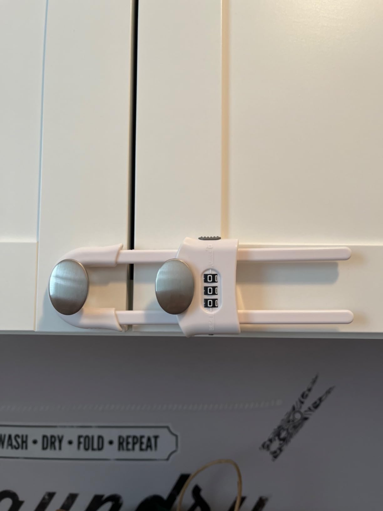 4 Pack Child Proof Sliding Cabinet Door Code Locks Baby Safety Cupboard Locks Adjustable U Shaped Cabinet Latches for Knob Handle Drawers Closet Plastic (4 PCS, White) customer photo 1