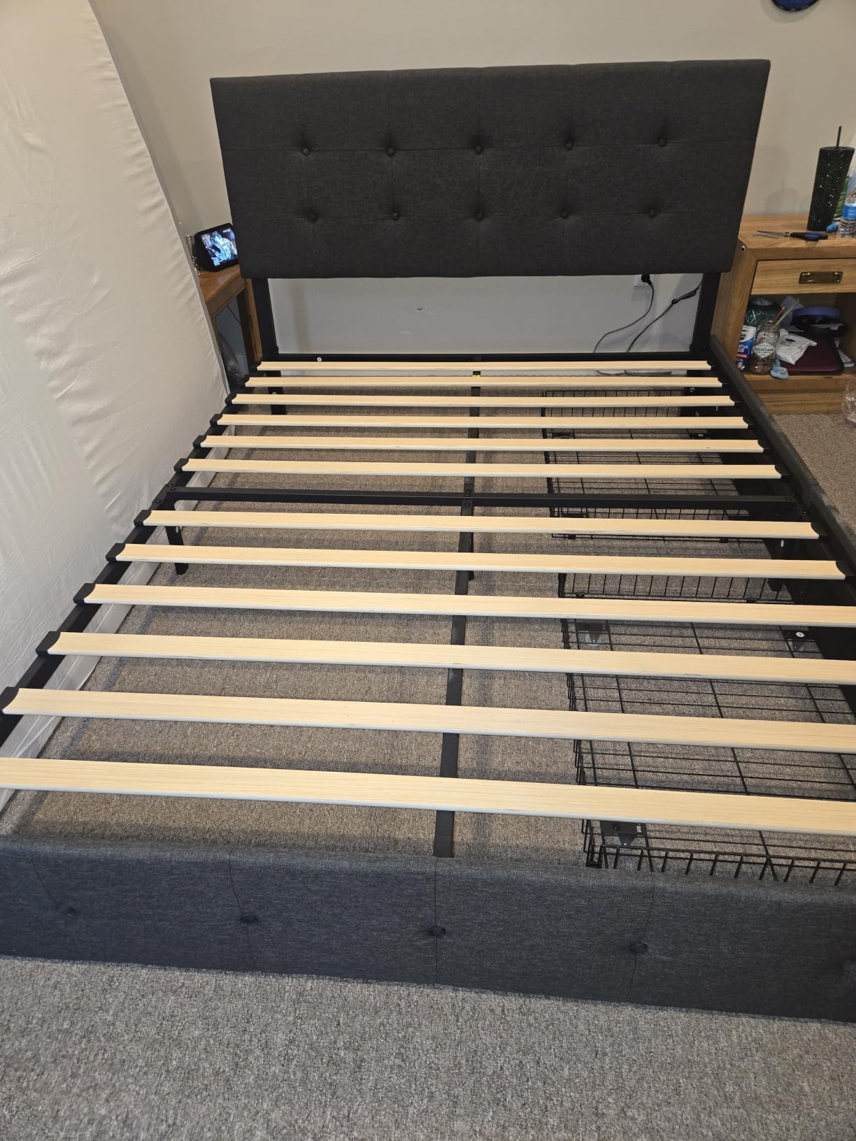 Allewie King Size Storage Bed Frame with 4 Underbed Drawers, Upholstered Platform Bed with Adjustable Headboard, Diamond Button Tufted, Easy Assembly, Noise-Free, No Box Spring Needed, Dark Grey customer photo 2