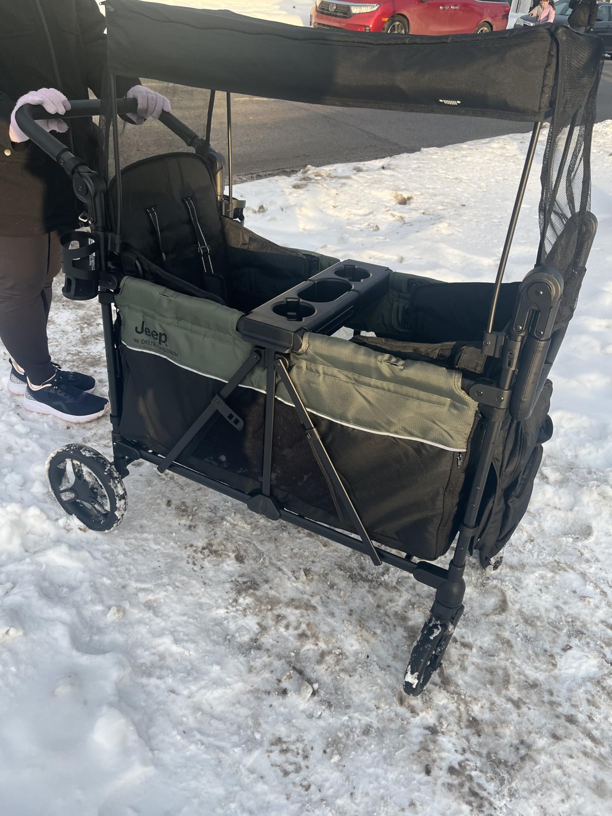 Jeep Aries Stroller Wagon by Delta Children Premium Wagon for 2 Kids with Convertible Seats, Adjustable Push/Pull Handles, Removable Canopy & Flat Fold - Greenguard Gold Certified, Black/Green customer photo 2