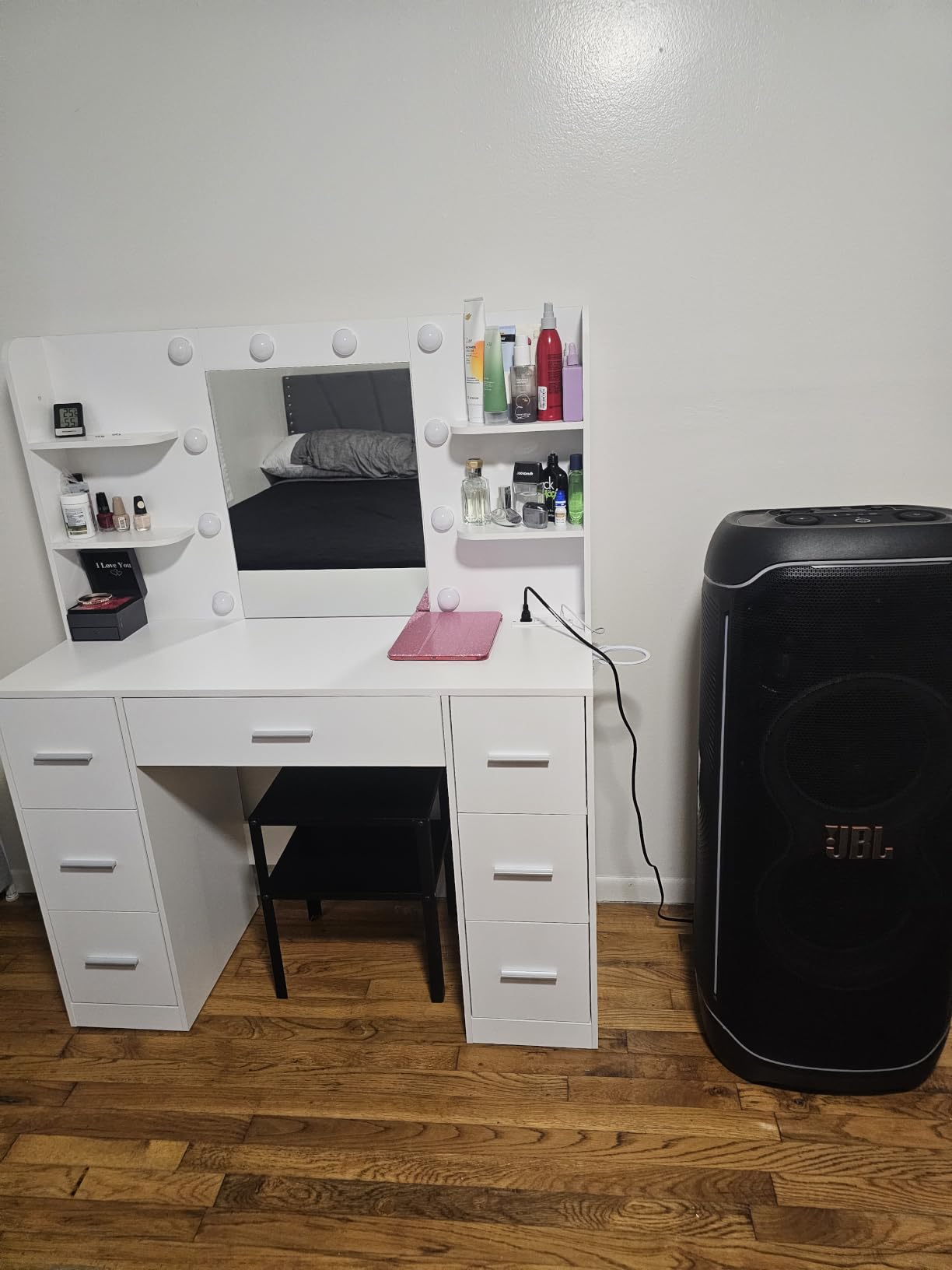 YESHOMY Vanity Desk with Mirror, Outlet, 10 Lights & 7 Drawers,Pure White customer photo 2